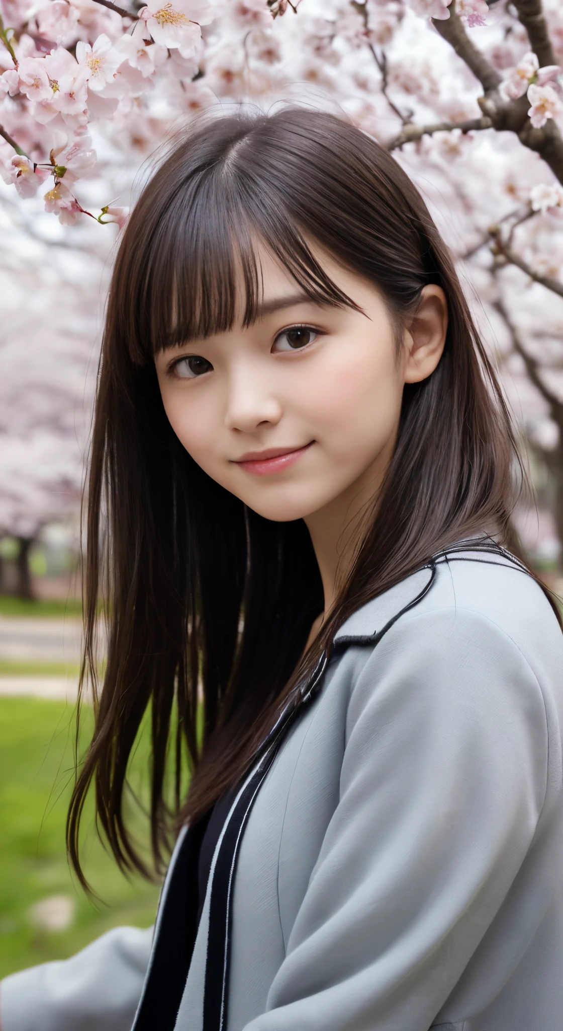 (slender small breasts and long hair,,,,,,,,,、Close up portrait of one girl with dull bangs in spring coat and shirt :1.5)、(Low angle shot of a girl dancing happily、the hair flutters with the wind :1.5)、(Rows of cherry blossom trees in full bloom and cherry blossom petals dancing in the wind:1.5)、(Perfect Anatomy:1.3)、(No mask:1.3)、(complete fingers:1.Phototriaritic、Photography、masutepiece、top-quality、High resolution, delicate and pretty、face perfect、Delicate and beautiful air skin around the eyes、Real Human Skin、pores、((thin legs))、(Dark hair)