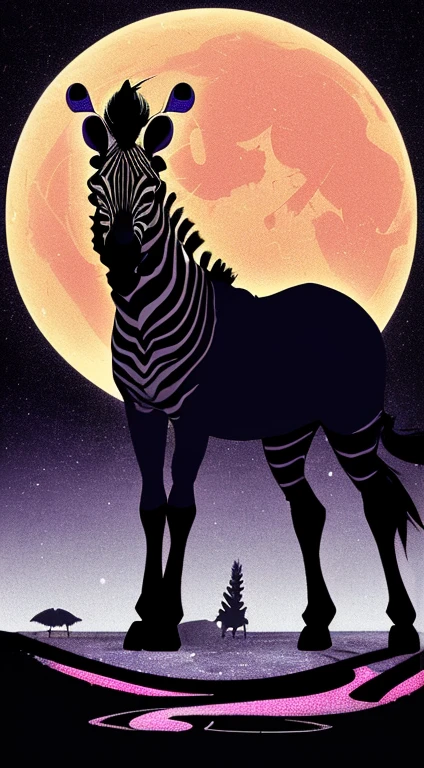Paisagem surreal com um brilho lunar, featuring a zebra hat silhouette with features . The silhouette is highlighted with glyphs and bright symbols, enfatizado pelo grande capuz e longas garras do personagem.