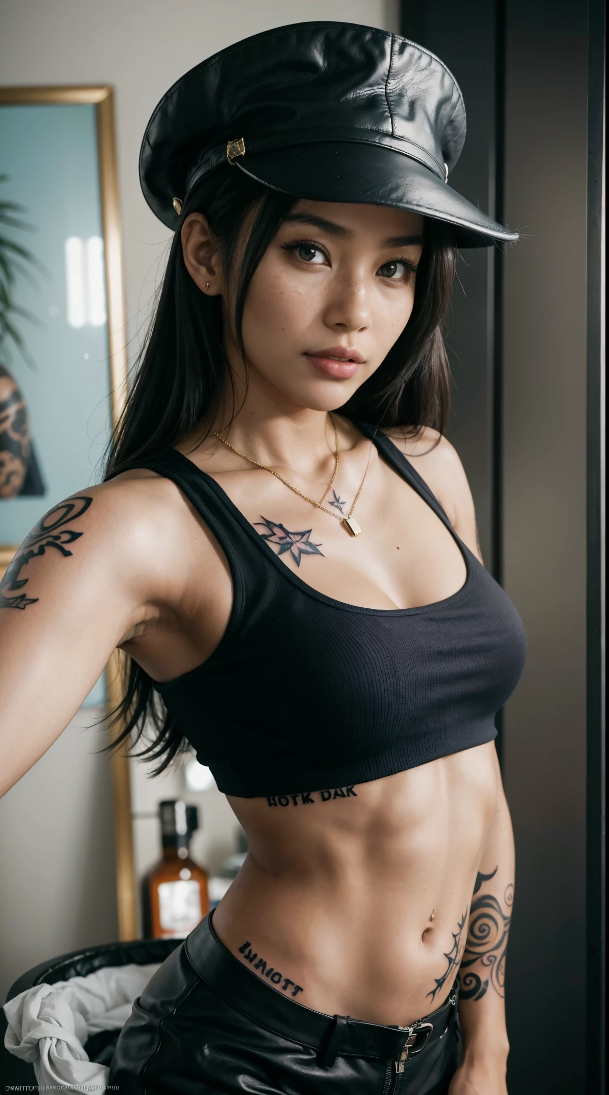 40 years old, gorgeous cute Brazilian girl, smirk, freckles, (dark skin:1.6), (masterpiece:1.2, best quality), (trapped in a rubbish dump:1.1), 1lady, Tall and strong, araffe asian woman with a hat and a necklace posing for a picture, leather top, tifa lockhart, tifa, tifa lockheart, 3/4 bust, xintong chen, crop top, she is wearing a black tank top, breastplate ) ) ), 奈良美智, open v chest clothes, selfie from top to bottom, blue scarf, famous beautiful model, good young girl, (masterpiece:1.0),(best_quality:1.0), ultra high res,4K,ultra-detailed, photography, 8K, HDR, highres, absurdres:1.2, Kodak portra 400, blurry background, bokeh, lens flare, (vibrant_color:1.2),professional photograph, (the_tattoo:1.4), (beautiful_face:1.5),(narrow_waist).