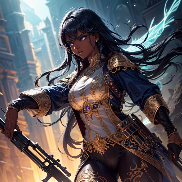 (best quality,highres,masterpiece:1.2),ultra-detailed,realistic mythical rifle,shiny metallic surface,distinctive engravings,magical glowing gemstones,ancient and weathered appearance,majestic and powerful,adorning the rifle,elaborate and intricate design,fierce and intimidating presence,rifle,dynamic and energetic atmosphere,mystical and ethereal lighting,eerie and enchanting background,otherworldly and vibrant colors,exquisite craftsmanship,mesmerizing and captivating,awe-inspiring and legendary,spectacular and grandiose (solo rifle), dark skinned woman, blue eyes and gorgeous hair