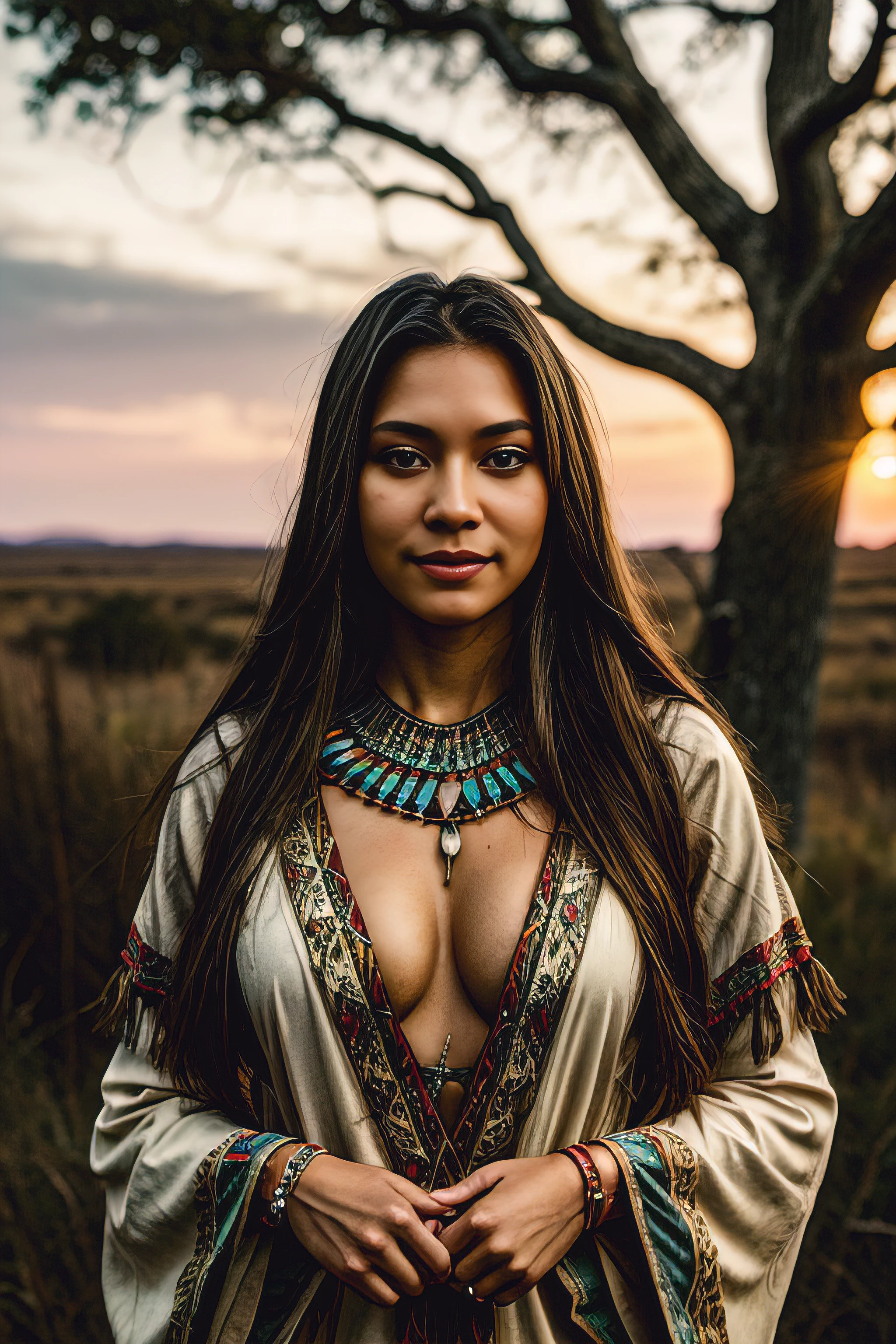 (grainy:0.5), cinematic, woman, native american,fantasy,(solo:1.3), detailed eyes, detailed face, detailed sexy skimpy native american clothing , volumetric lighting, dusk, extremely detailed background, standing next to tree, smiling, half closed eyes, tilted head, from side, high saturation