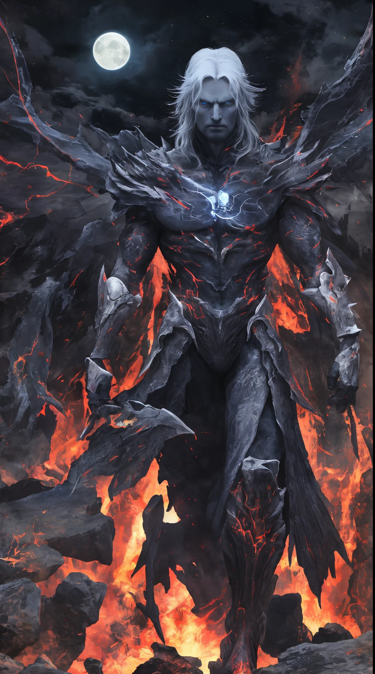 (Titan - Dark God of Chaos,threatening attitude)(with four arms and claws)(covered in fire ,black smoke and lightning)