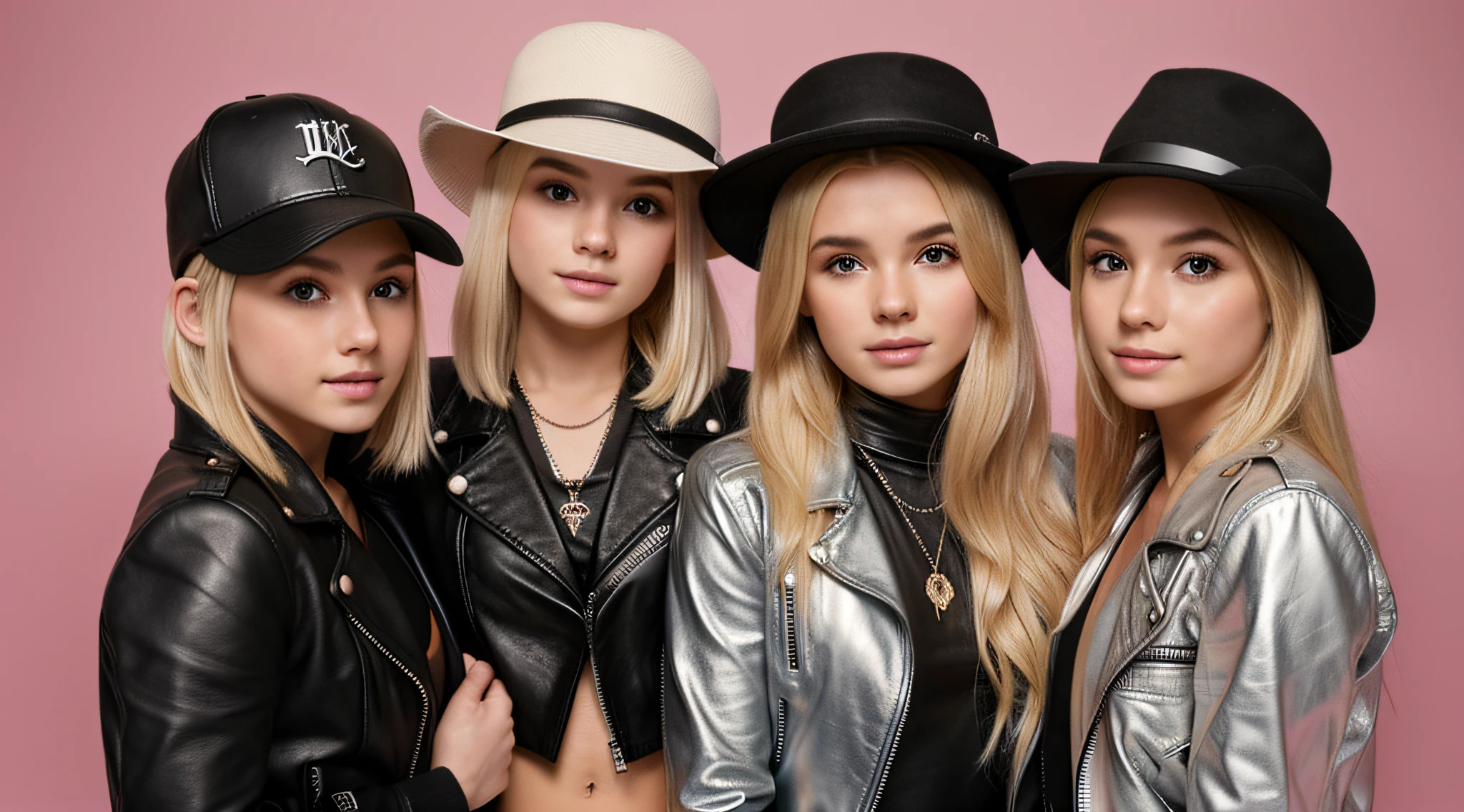 3 GIRLS Russian children 10 years old, WITH LONG BLONDE STRAIGHT HAIR, WITH BLACK LEATHER JACKETS, PORTRAIT STYLE singing into a microphone, facing sides, profile picture, February), concert photo, johnny, chains, edge to edge, rob, illuminated from the green light side.