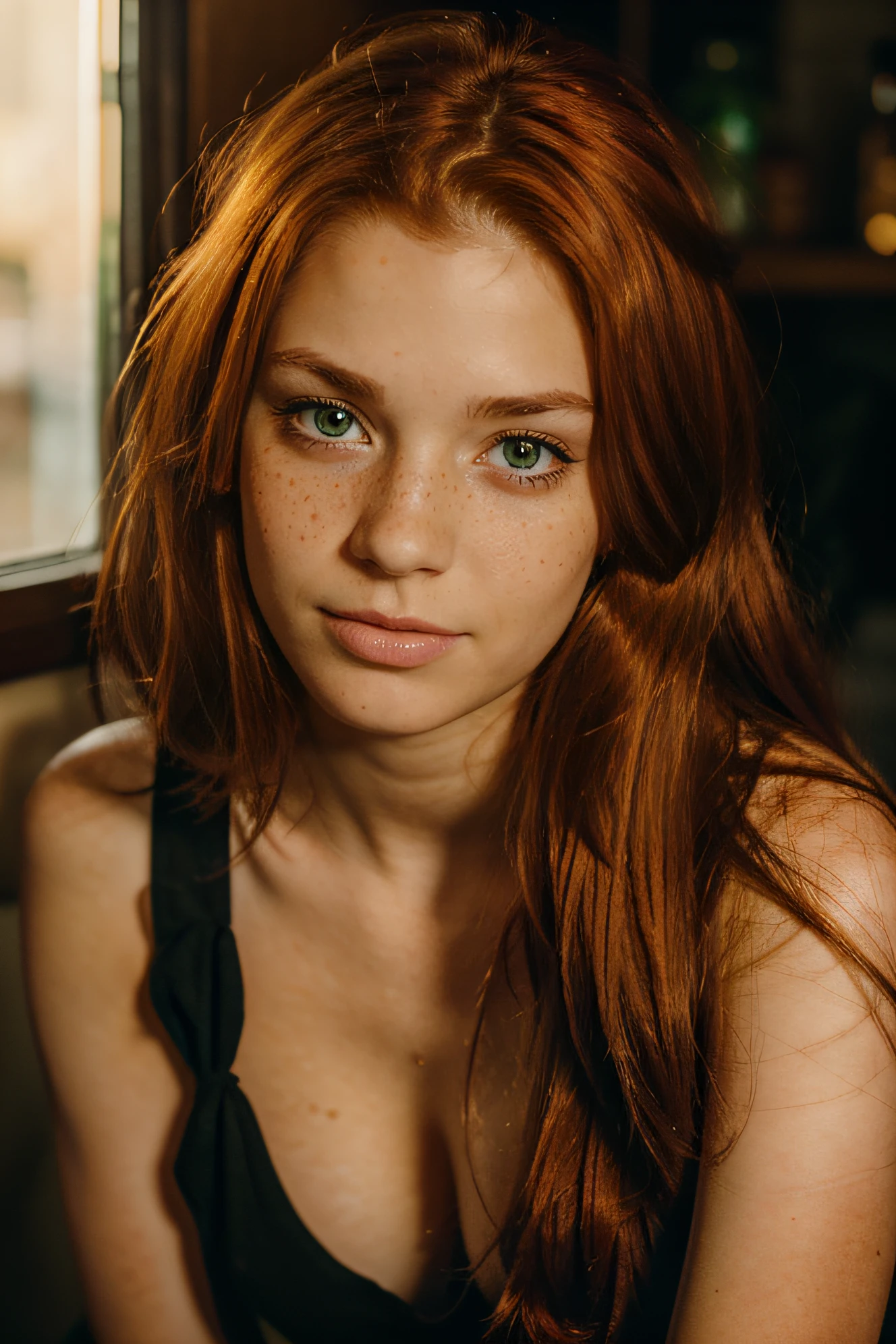 portrait of a young 25 year old girl with long wayed red hair with bags, red hairstyle, green beautiful eyes, with cute and desirable face illuminated by golden-hour sunlight, glowing red hair, with freckles, ultra realistic, 8k, 4k, light freckles, natural skin, textured skin