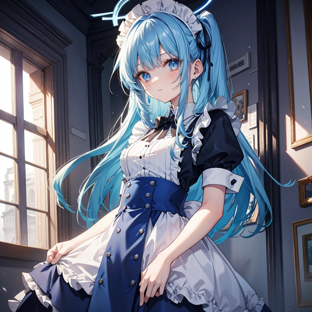 blue  hair，long whitr hair，The halo，Blue pupil，the maid outfit，Sixteen-year-old girl