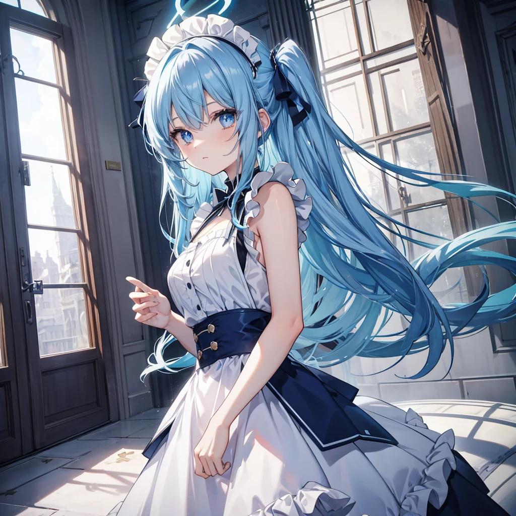 blue hair,long whitr hair,The halo,Blue pupil,the maid outfit,Sixteen-year-old girl