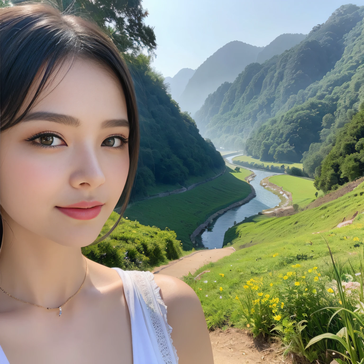 (The beauty created by AI is the best、of impressive beauty)、amazing scene、(​masterpiece、high-level image quality、hightquality)、art and art、(perfect anatomia、beautiful rims beautiful skin)、Great affection、Valley landscape、thick mist:1.7,Model、、