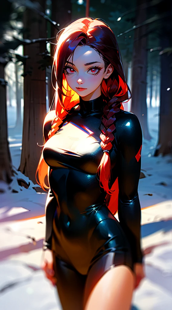 RAW, professional photograph, medium shot, photorealistic, realistic lights, realistic shadows, hyper-realistic, ray tracing, super detail, UHD, 8k, female, twenty years old, athletic body, soft facial features, long braided hair, viking hairstyle, straight hair, crimson hair, crimson eyes, viking clothing, forest in winter