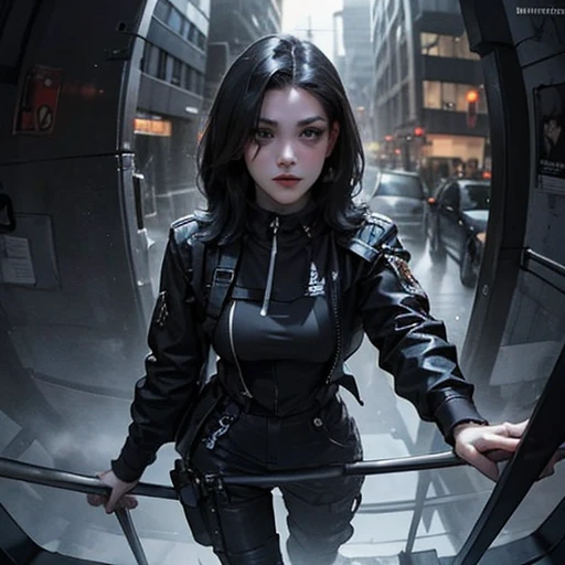 ( Masterpiece, best quality:1.3, fisheye), backlit, soft light, extremely high detailed, intricate, 8K, HDR, cinematic lighting, watching from top, (( cyberpunk night street:1.4, touching against pov, looking at viewer )), ryujin, narrow face, strong jaw, plump cheeks, thigh gap , cybernetics arm, dark hair with red highlights, beautiful turquoise eyes, wearing loose-fitted drip ootd