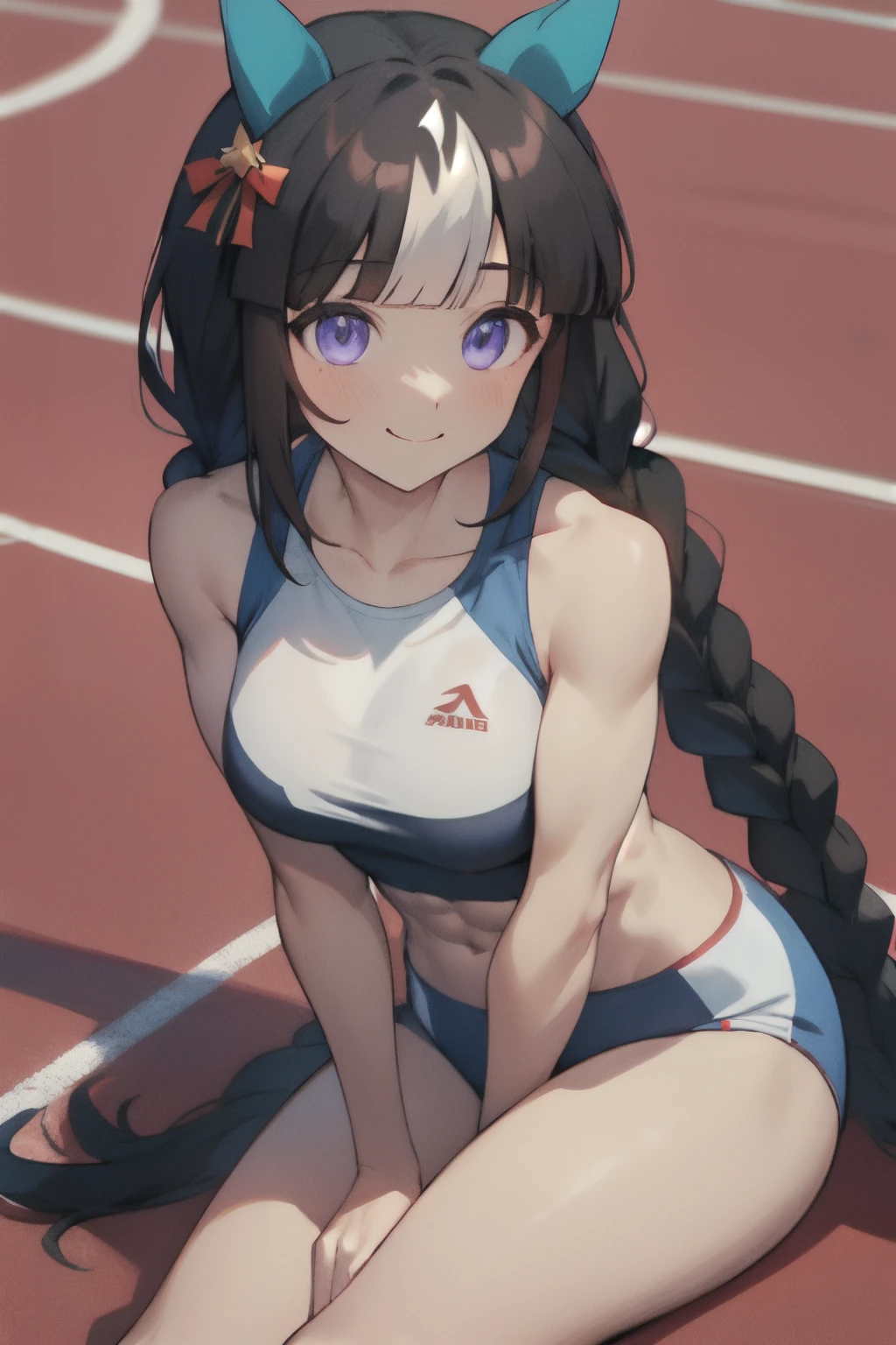hokko tarumae\(umamusume\), ((ultra-detailed face)), masterpiece, best quality, muscular, abs, rikujou, horse tail, large tits, light smile, athletics track, hand between legs, closed mouth