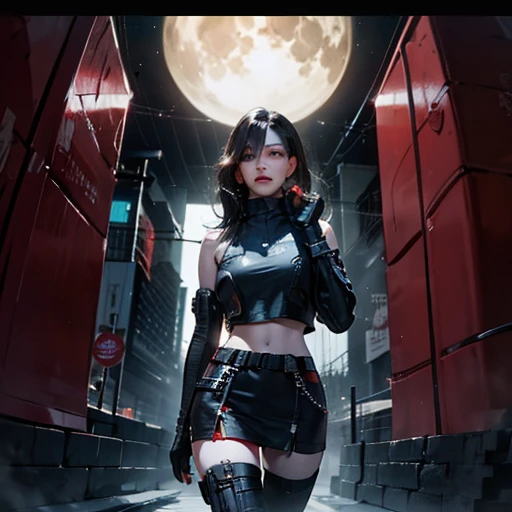 ( Masterpiece, best quality:1.3, fisheye), backlit, soft light, extremely high detailed, intricate, 8K, HDR, cinematic lighting, watching from moon, (( cyberpunk night street:1.4, looking at viewer )), ryujin, narrow face, strong jaw, plump cheeks, thigh gap , cybernetics arm, dark hair with red highlights, beautiful turquoise eyes, wearing loose-fitted drip ootd