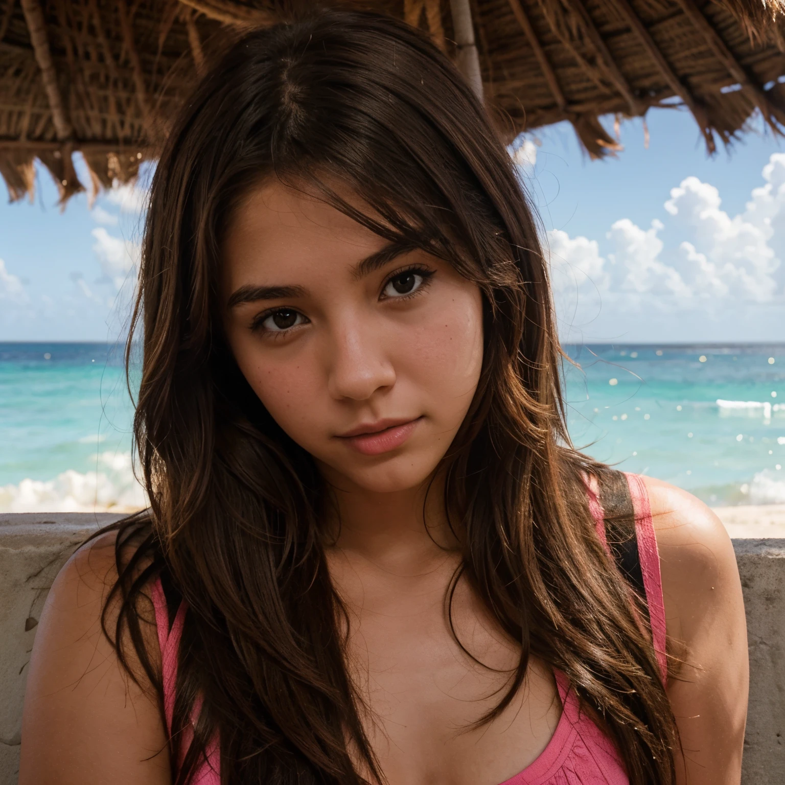 A pretty 14 year old girl with long hair with wavy bangs with a cute and pretty face on a beach in very hot weather