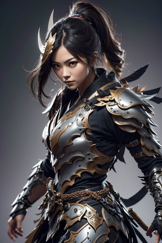 1 girl, muscular, tall, beautiful, humanoid, Japanese armor style , dynamic pose, katana on the side