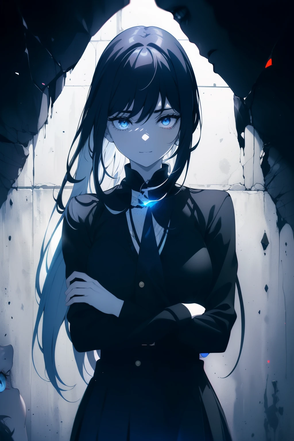 (Obra maestra, La mejor calidad, ultrahigh resolution), 1girl, standing, school uniform, white office shirt, black pleated skirt, ((pitch black, pitch black hair:0.7), long hair cut, pale skin, ((blue eyes)), glowing_eyes, neon eyes, (ultra detailed eyes, beautiful and detailed face, detailed eyes:0.9), ((centered)), smile, ((wide shot)), facing viewer, eye level, (black background, embers, fire), flat chested, looking at viewer, ((half closed eyes)), ((perfect hands)), (((head, arms, hips, elbows, in view))), ((hands behind back)), empty eyes, beautiful lighting, background, defined subject, 25 years old, perfect anatomy, perfect body, (((professional photography)))