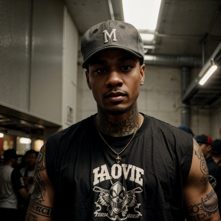 Create me a Hip Hop man with a cap and tattoo