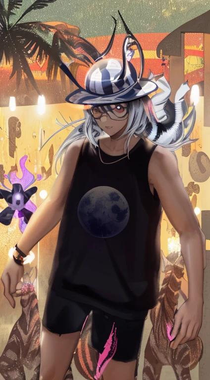 Paisagem surreal com um brilho lunar, featuring a zebra hat silhouette with features . The silhouette is highlighted with glyphs and bright symbols, enfatizado pelo grande capuz e longas garras do personagem.