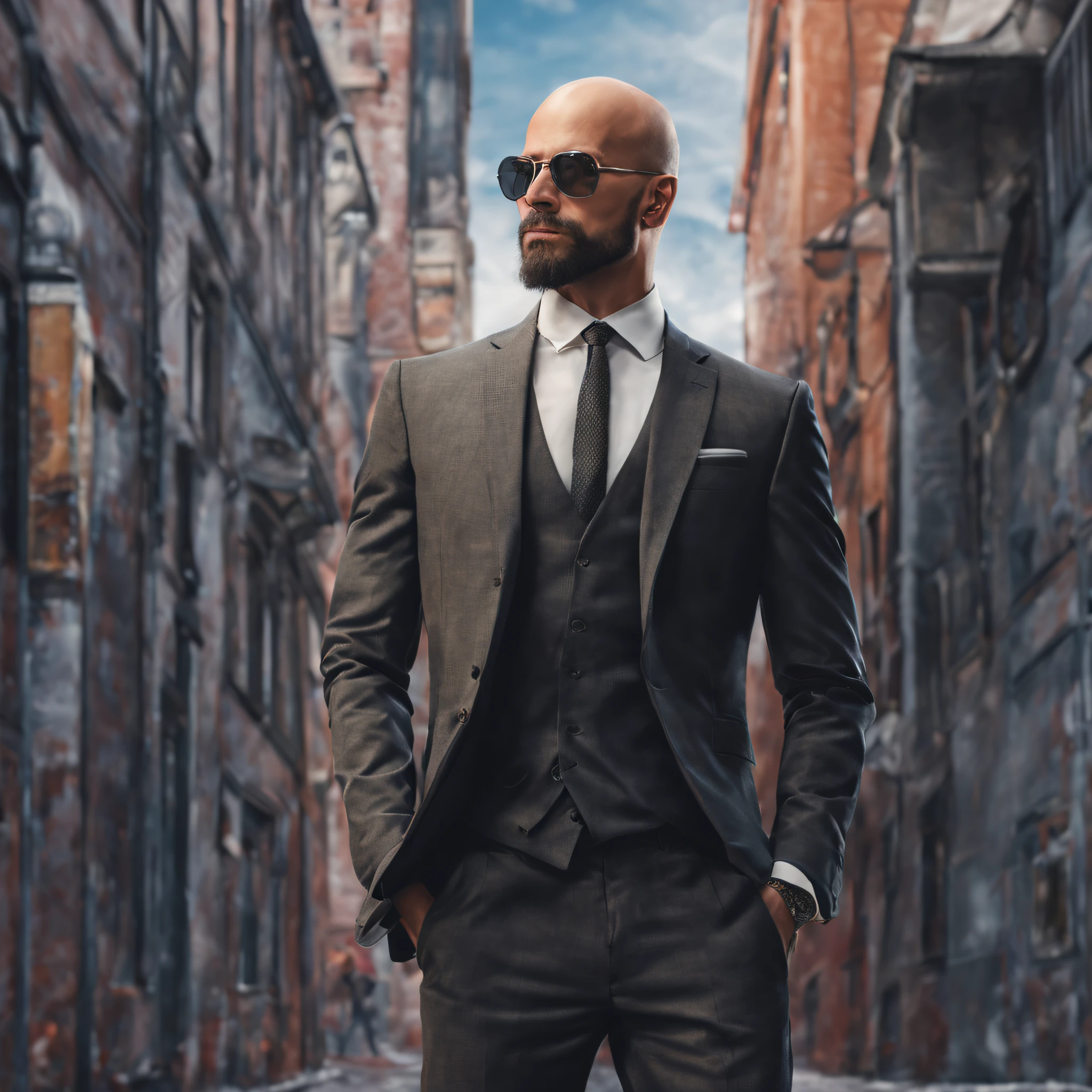 bald man in a suit and tie standing in front of a building, handsome and elegant, 3-piece-suit, digital art of an elegant, stylish suit, elegant suit, handsome man, intricate suit, handsome stunning realistic, wearing a suits, handsome male, cyberpunk style, suit and waistcoat, wearing a stylish men's suit, wearing business suit, bald head, skinhead, long beard, facial hair,