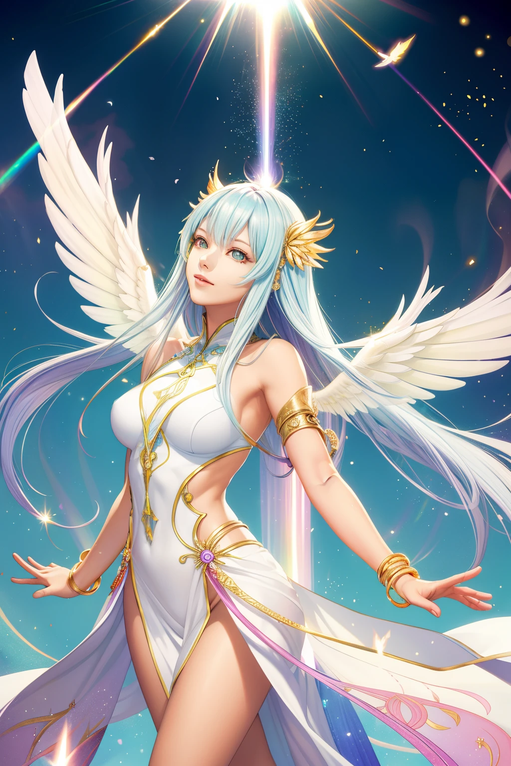 masutepiece, Best Quality, 1 person woman, Handsome, Tall muscular woman、 long hair in pastel colors, Fantasy, Complex pattern, Detailed face, Angel wings, Lens Flare, Colorful, Glow white particles, White robe, Gold bracelets and accessories, prisma, blazing, Glitter, Particle, bloom, I like to celebrate and have fun, Enjoy nature, Bright and optimistic outlook, Creative and adventurous, Represents happiness and harmony