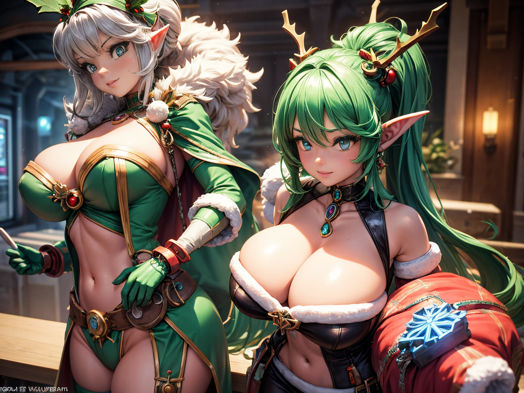 Imagine a retro-futuristic setting where mechanical elves construct 3D Christmas ornaments amidst swirling fractal gears and steam-powered lights, blending tradition with innovation. ENORMOUS TITS