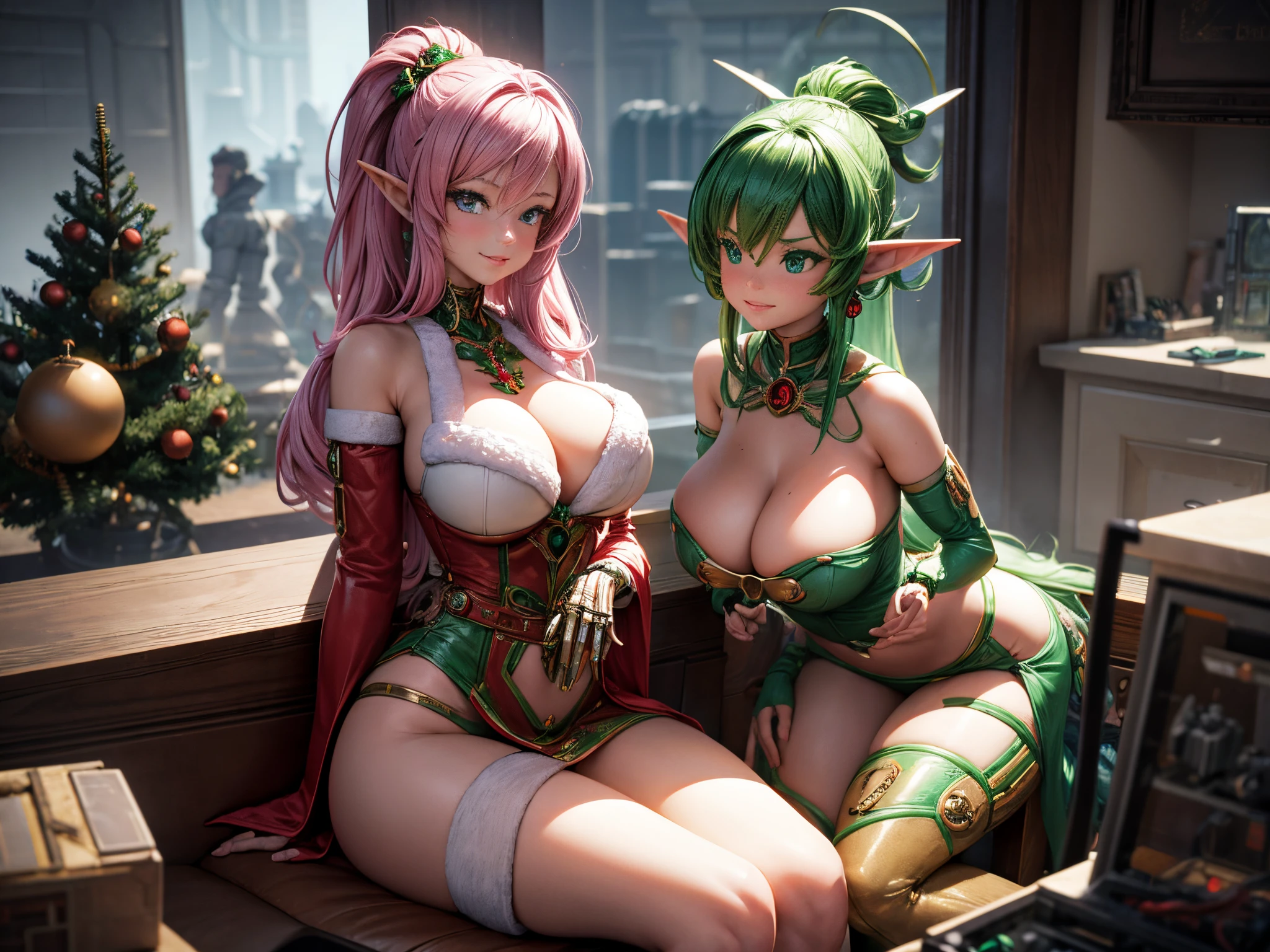 Imagine a retro-futuristic setting where mechanical elves construct 3D Christmas ornaments amidst swirling fractal gears and steam-powered lights, blending tradition with innovation. ENORMOUS TITS
