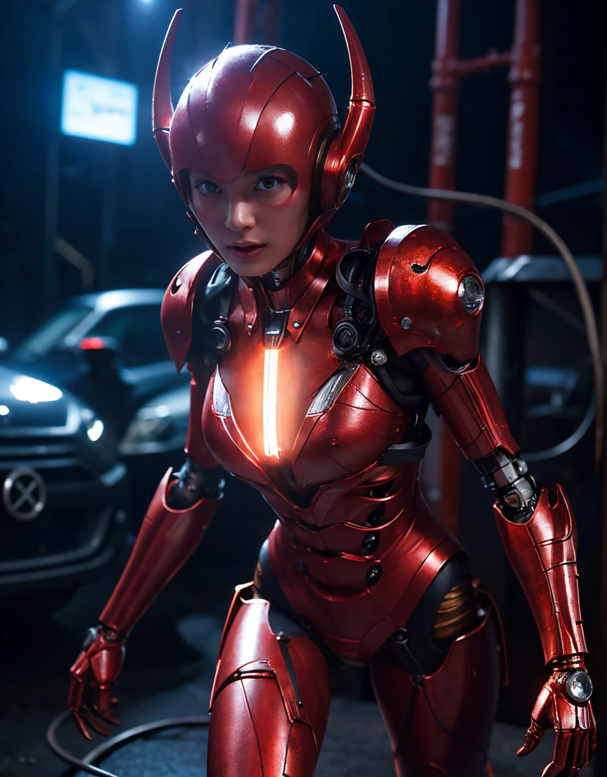 (Skimpy mechanical girl and alien background)、(Mystical expression)、top-quality、masterpiece、超A high resolution、(Photorealsitic:1.4)、Raw photo、1人、glowy skin、(((1 Mechanical Girl)))、(Red Metal Bodysuit)、(Natural alien background to fight aliens)、(Small LED)、((super realistic details))、vertical giant monster background),globalillumination、Shadow、octan render、8K、ultrasharp、Robot background、Colossal tits、Raw skin exposed in the cleavage、red metal、Details of complex ornaments、Japan details、highly intricate detail、Realistic light、(Mystical expression),CG Society Trenlow Eyes、Eyes shining towards the camera、Mechanical marginal blood vessels connected to neon detail tubes)、(Wires and cables connecting to the head)、Small LED、,Mechanical thighs、Toostock、(Hands are also made of machines)、机器人、future alien、Please wear a mechanical helmet、