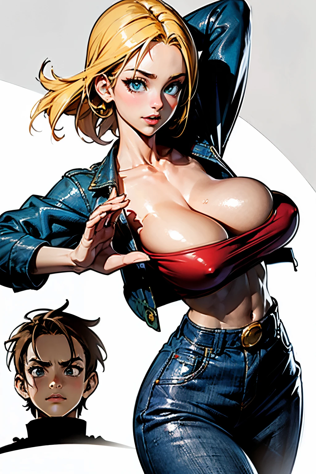 from street fighter,(big breast:1.5),dynamic poses, totally wide open her chest,big chest,((sketch style)),scribbles and marks,super perfect body curve,((skindentation)),S-shaped body,anime waifu (18 years old)-hot daddy-frivolity-body language, fit figure, red top, blue jean jacket, bad laughing,gorgeous perfect face, realistic style and super detailed renderings, superrealism,kawaii, zbrush, super-realistic oil, contour shadow-process - (Waiting to start)