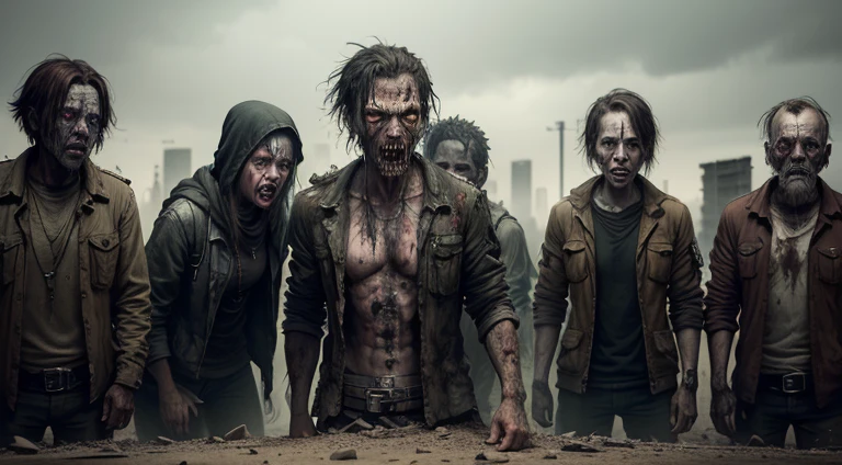 A group of self-aware and empathetic zombies discovered within a post-apocalyptic world (high-res,4k,ultra-detailed),living dead with human emotions and empathetic nature