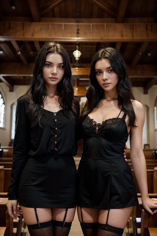 two girls, witches, sisters old and young, black hair,blue eyes sexy, in church