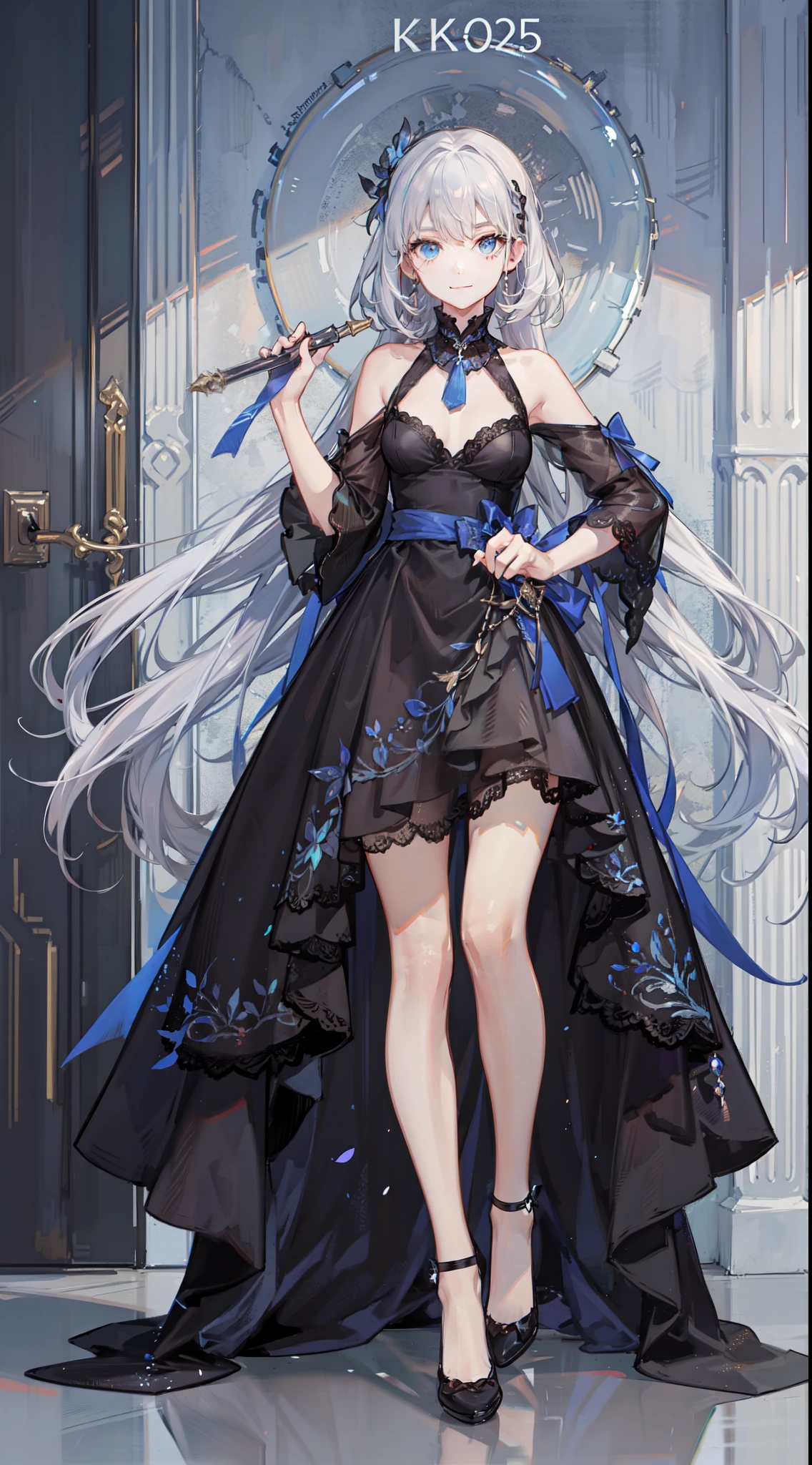 Best Quality,4K,8K,hight resolution,masutepiece:1.2),Vibrant colors,Full body like,very beautiful and delicate girl,Deep Blue Eyes,Light silver hair,Straight long hair,Slender body,small tits,Black Magic Dress,Delicate lace,Gentle smile,classy attitude