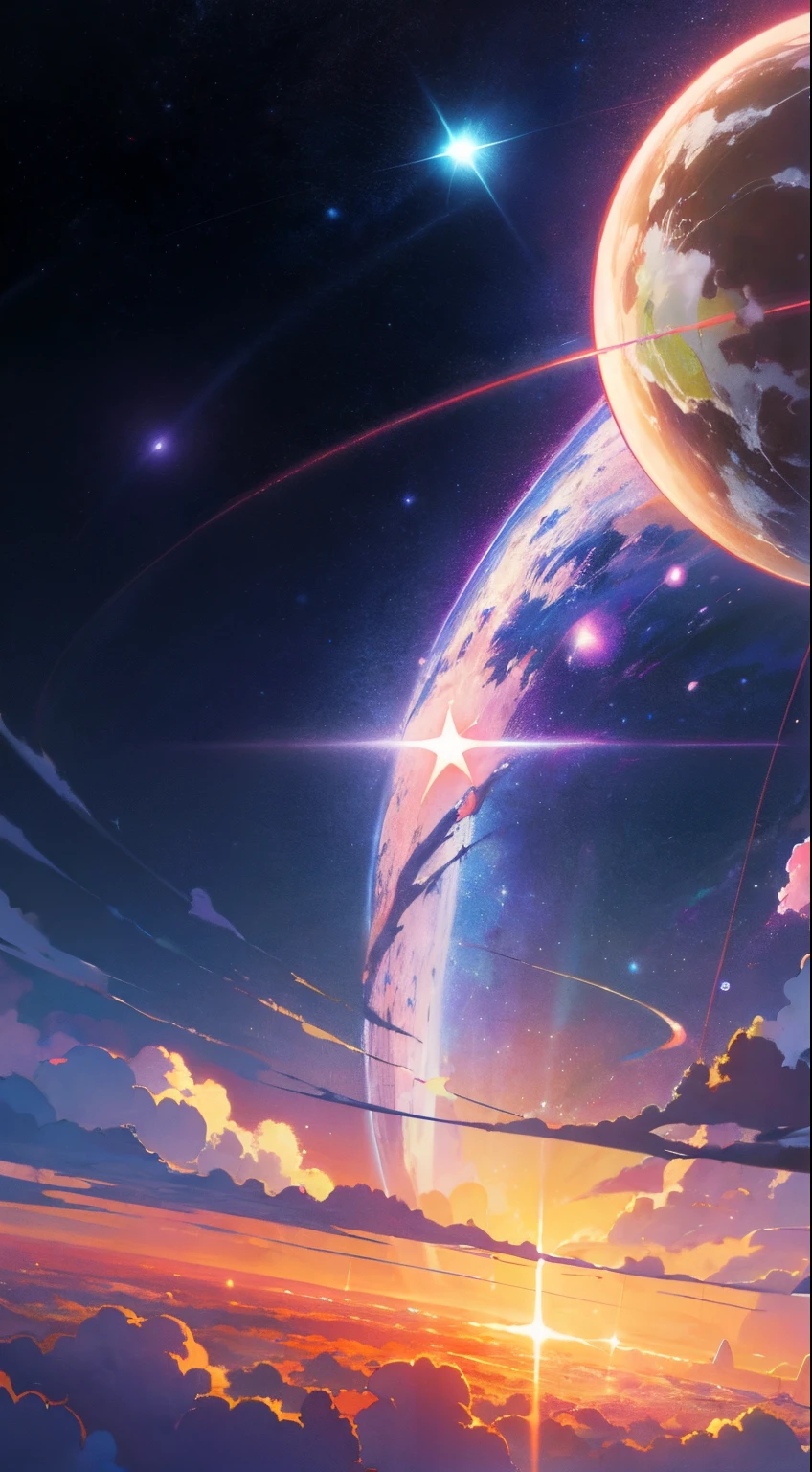 anime - style scene of a beautiful sky with a star and a planet, cosmic skies. by makoto shinkai, anime art wallpaper 4k, anime art wallpaper 4 k, anime art wallpaper 8 k, anime wallpaper 4k, anime wallpaper 4 k, 4k anime wallpaper, anime sky, amazing wallpaper, anime background, heaven planet in background, anime background art