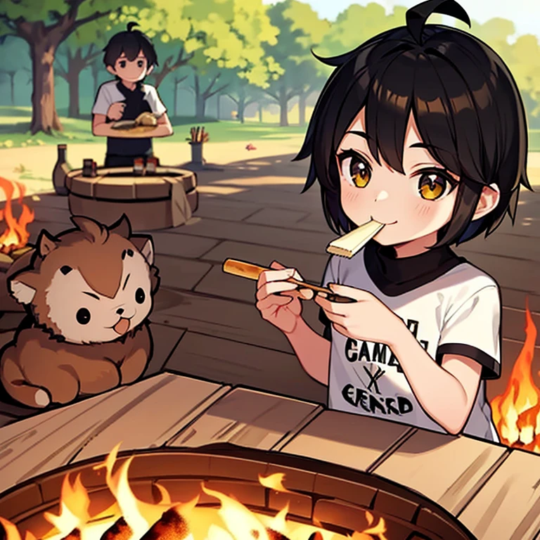 ((Obra maestra, La mejor calidad)), (1girl), (solamente), (Enfoque femenino), (Ahoge, cana, pelo corto), ojos negros, sonrisa ligera, (cuerpo de pera), grandes breats, muslos grandes, grande ((remera grande blanca), ((short negra), sentada comiendo malvaviscos, fondo en un campamento, fogata