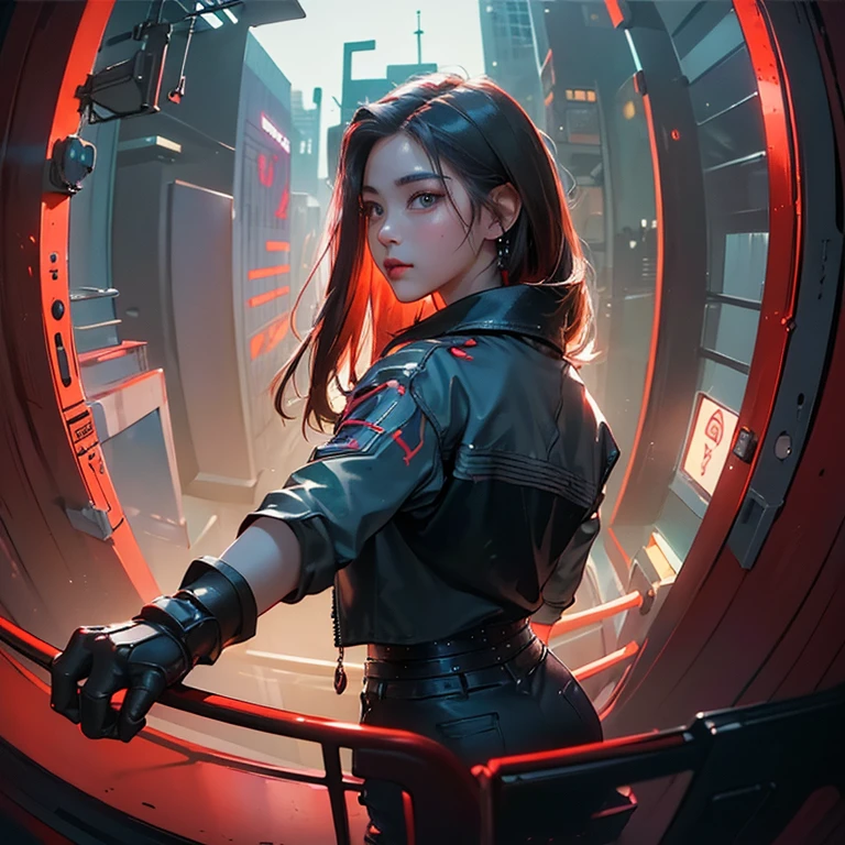( Masterpiece, best quality, cinematic lighting, backlit, side light, soft light, fisheye:1.2 ), above pov, ( cyberpunk night street:1.2, extending hand against pov, looking at viewer), ryujin, narrow face, plump cheeks, cybernetic arm, dark hair with red highlights, wearing drip ootd