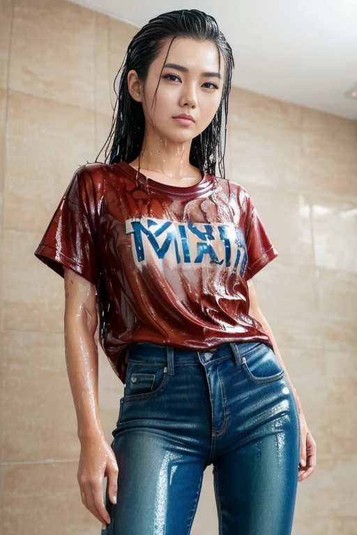 full body shot, (((25 years old japanese woman))), wearing ((t-shirt and skinny jeans)), (indoor), (looking away from camera), playful, happy, (random face), (random hair), ultra detailed faces, masterpiece, best quality, hd, 8k, photorealistic, (((wet hair))), ((slicked back hair)), ((oily hair)), ((dressed up)), ((soaked)), ((drenched)), ((dripping wet)), ((wet clothes)), ((wet bodies)), oily clothes, droplets