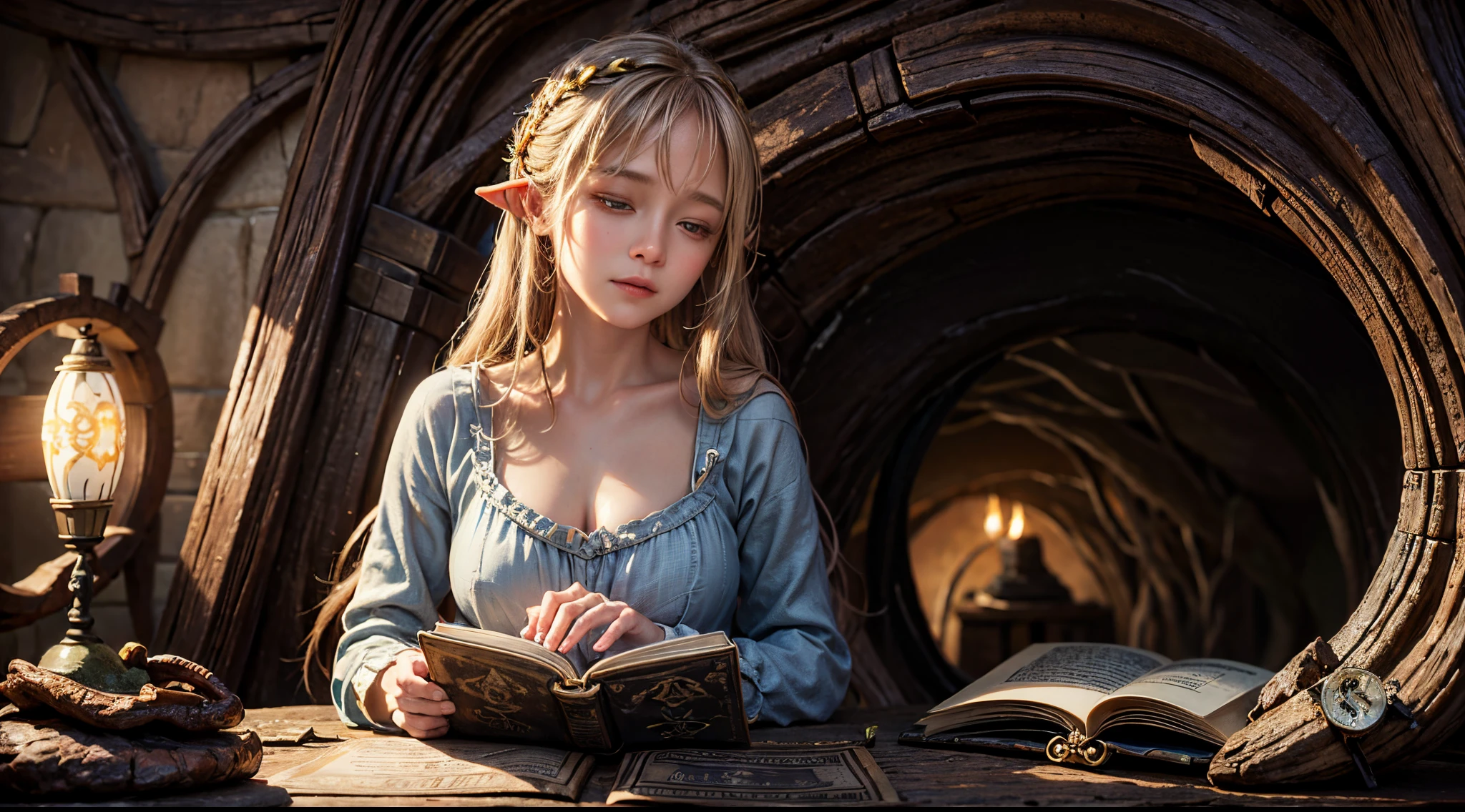 "Oil painting, ((dreamy)) girl reading ancient books, warm light ((inside a mystical hobbit cave)), magical atmosphere, whimsical clock, enchanting, cozy, detailed"