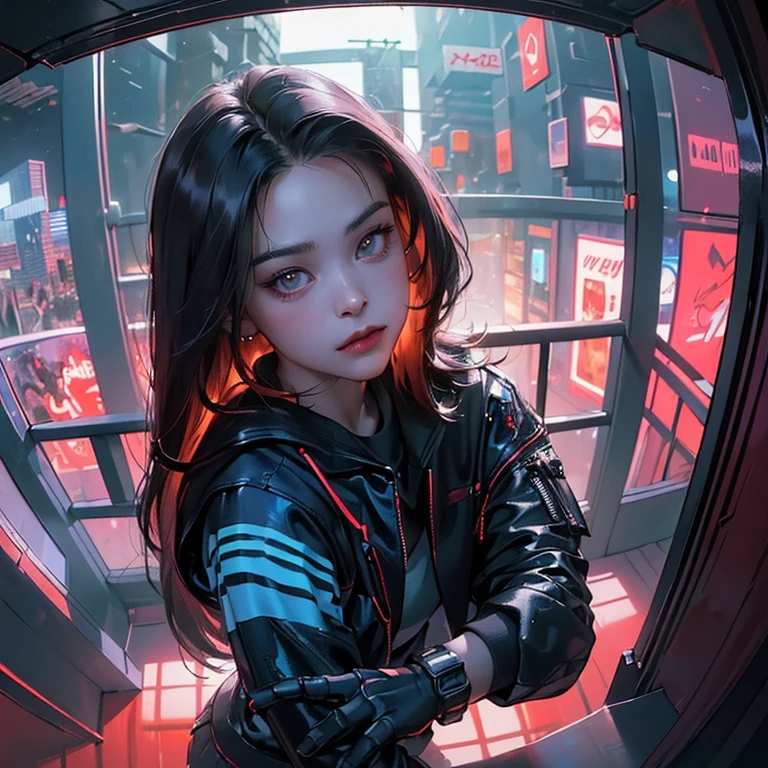 ( Masterpiece, best quality, cinematic lighting, backlit, side light, soft light, fisheye:1.2 ), high angle overhead pov, ( cyberpunk night street:1.2, extending hand towards pov overhead, looking at viewer), ryujin, narrow face, strong jaw,  plump cheeks, cybernetic arm, dark hair with red highlights, devil look,  wearing drip ootd