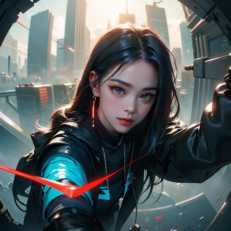 ( Masterpiece, best quality, cinematic lighting, backlit, side light, soft light, fisheye:1.2 ), high angle overhead pov, ( cyberpunk night street:1.2, extending hand towards pov overhead, looking at viewer), ryujin, narrow face, strong jaw,  plump cheeks, cybernetic arm, dark hair with red highlights, thug smile,  turquoise eyes, wearing drip ootd