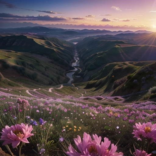 A vast valley filled with luminescent flowers that bloom in hues unseen in the natural world. Each petal emits a soft glow, creating a surreal landscape where the air is filled with the gentle fragrance of dreams.