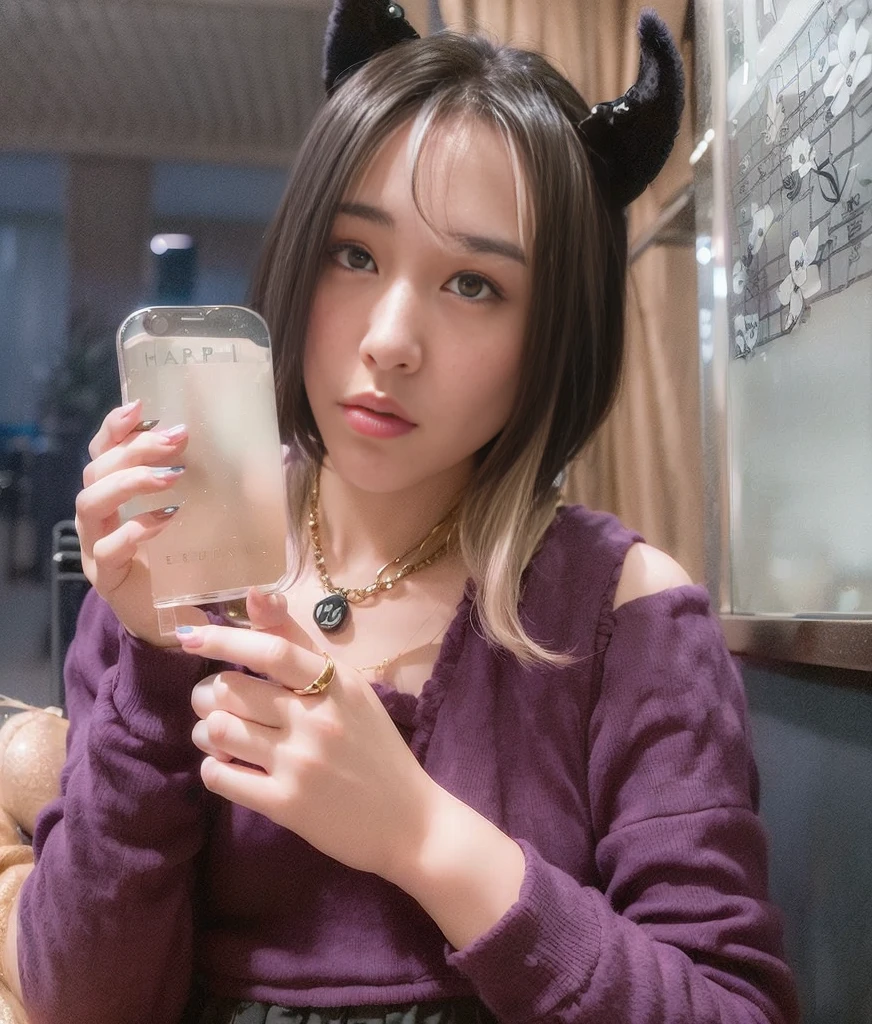 An 18-year-old woman、bokeh dof、(Photorealsitic:1.4、realisitic)、high-definition CG unified 8K wallpapers、1girl in、((slenderbody:1))、looking at viewerer、(HQ Skins:1.4)、8K UHD、Digital SLR、Soft lighting、hightquality、Film grain film XT3、(((The upper part of the body:1.4)))、(((Halloween costumes)))、(((indu room)))、