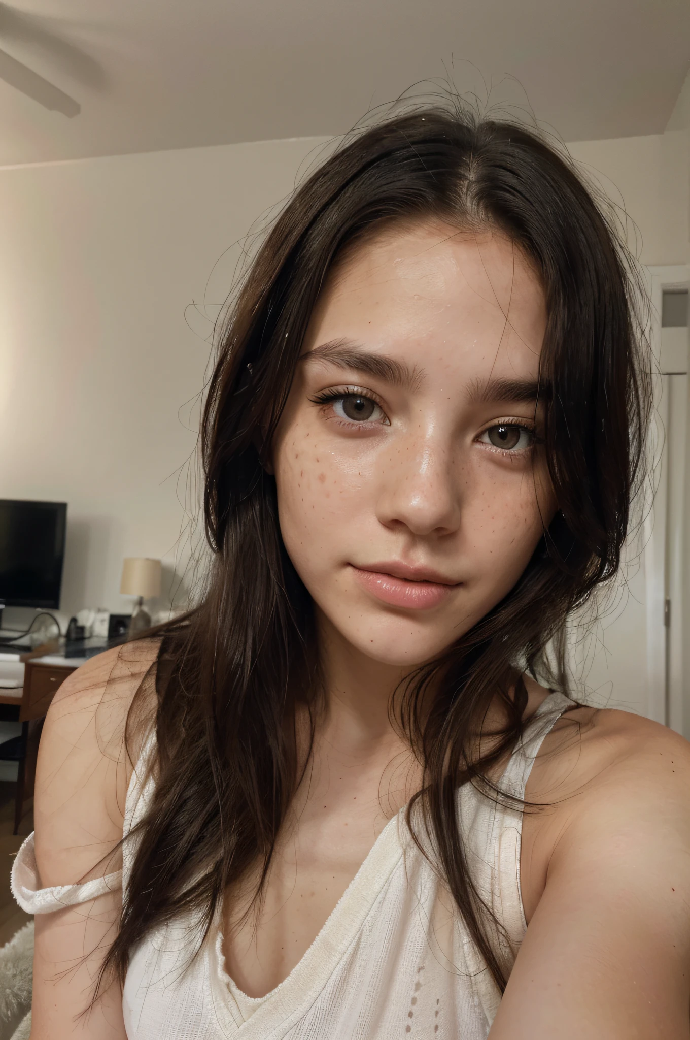 (amateur 1.2), amateur camera selfie of 19 years old chinase female, black hair, Low exposure, low lighting, unprofessional natural lighting, realistic lighting, dark light, low light, chinase female with very low freckles on her face and black eyes with hyperrealistic eye lashes, hyper realistic skin all over her, beautiful face, detailed face, image noise, low visible impurities, very low slight freckles, detailed skin texture, low detailed skin pores, low impurities on the face, details eyes, eyebrow details showing each individual hair, very minimal and slight redness and imperfections around eye lids, low quality lighting, no light on, selfie, black tank top, normal tits, slightly smiling looking sexy, realistic skin, very long messy hair, white skin caucasian female, very long hair, neutral face, very low freckles, normal black eyes, little spots, very little acne, wearing black sleeve, inside modern house room, 2 feet from camera, head in different natural positions