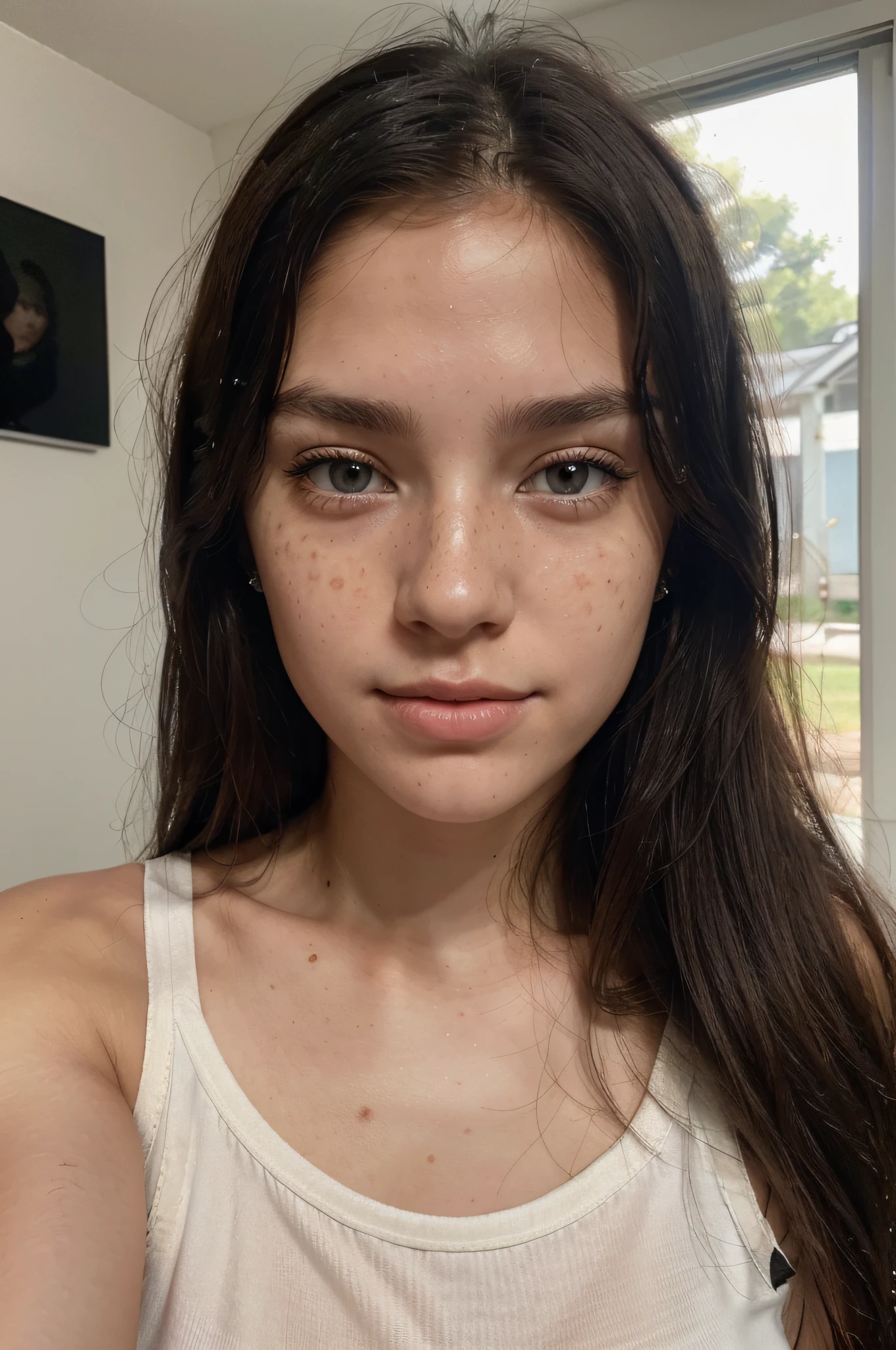 (amateur 1.2), amateur camera selfie of 19 years old chinase female, black hair, Low exposure, low lighting, unprofessional natural lighting, realistic lighting, dark light, low light, chinase female with very low freckles on her face and black eyes with hyperrealistic eye lashes, hyper realistic skin all over her, beautiful face, detailed face, image noise, low visible impurities, very low slight freckles, detailed skin texture, low detailed skin pores, low impurities on the face, details eyes, eyebrow details showing each individual hair, very minimal and slight redness and imperfections around eye lids, low quality lighting, no light on, selfie, black tank top, normal tits, slightly smiling looking sexy, realistic skin, very long messy hair, white skin caucasian female, very long hair, neutral face, very low freckles, normal black eyes, little spots, very little acne, wearing black sleeve, inside modern house room, 2 feet from camera, head in different natural positions