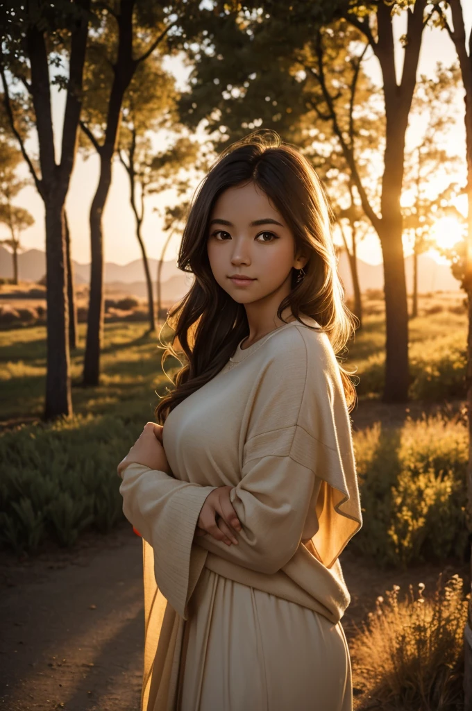 Portrait photograph taken during the golden hour, focusing on the warm light and serene atmosphere.