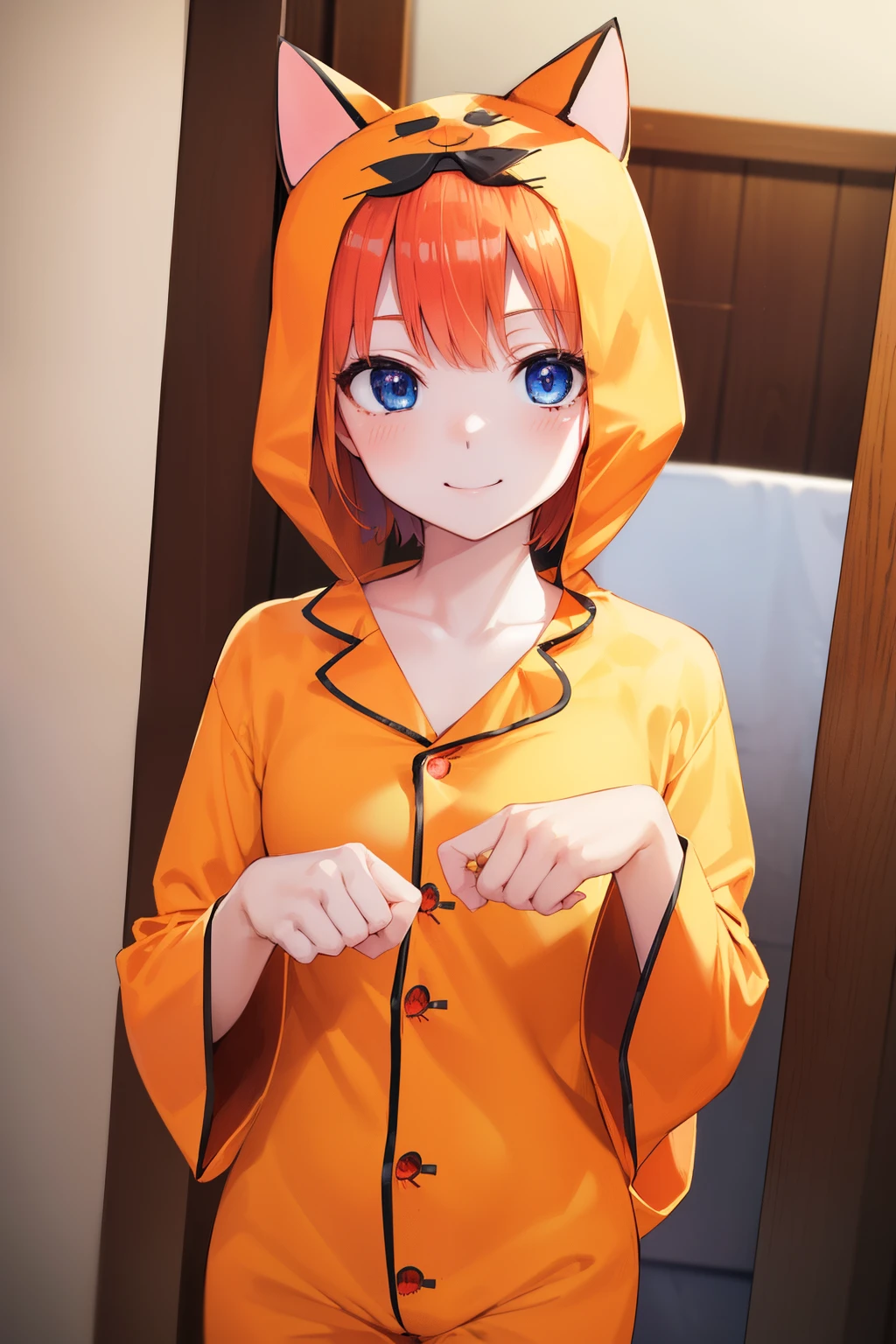 orange color hair、hime-cut、Golden Eyes 、ssmile、Early s girl、Smaller chest、Thin pubic hair、Open the white robe、server room、low angles