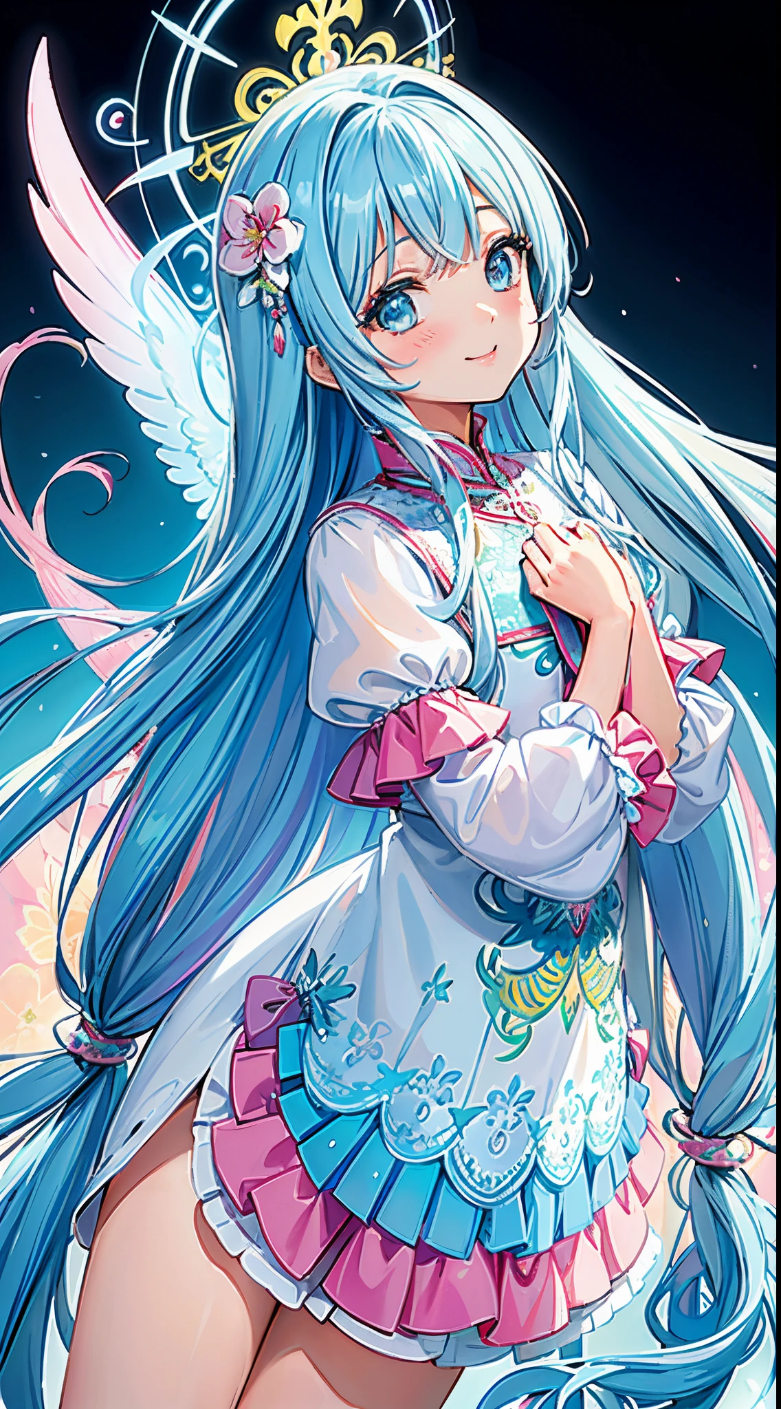 (masterpiece、top-quality、top-quality、Official art、Beautifully Aesthetic:1.2)、(1girl in:1.3)Light blue long hair、Twin-tailed、adorable smiling、ighly detailed、(Fractal Art:1.1)、(colourfull:1.1)(florals:1.3)、highestdetailed、(Zentangle:1.2)、(dynamicposes)、(Abstract background:1.3)、(shinny skin)、(Many colors:1.4)、、(耳Nipple Ring)、(pluma:1.5)、White background、See-through phoenix leotarel wings that shine in seven colors、1 kawaii girl、adorable smiling、Twin tails with long light blue hair、Colorful angel costume in lolita style with ruffles、A blizzard of fluttering flowers(Some photos)、((top-quality))、((masterpiece))、(ighly detailed、highestdetailed、Official art、Beautifully Aesthetic:1.2)