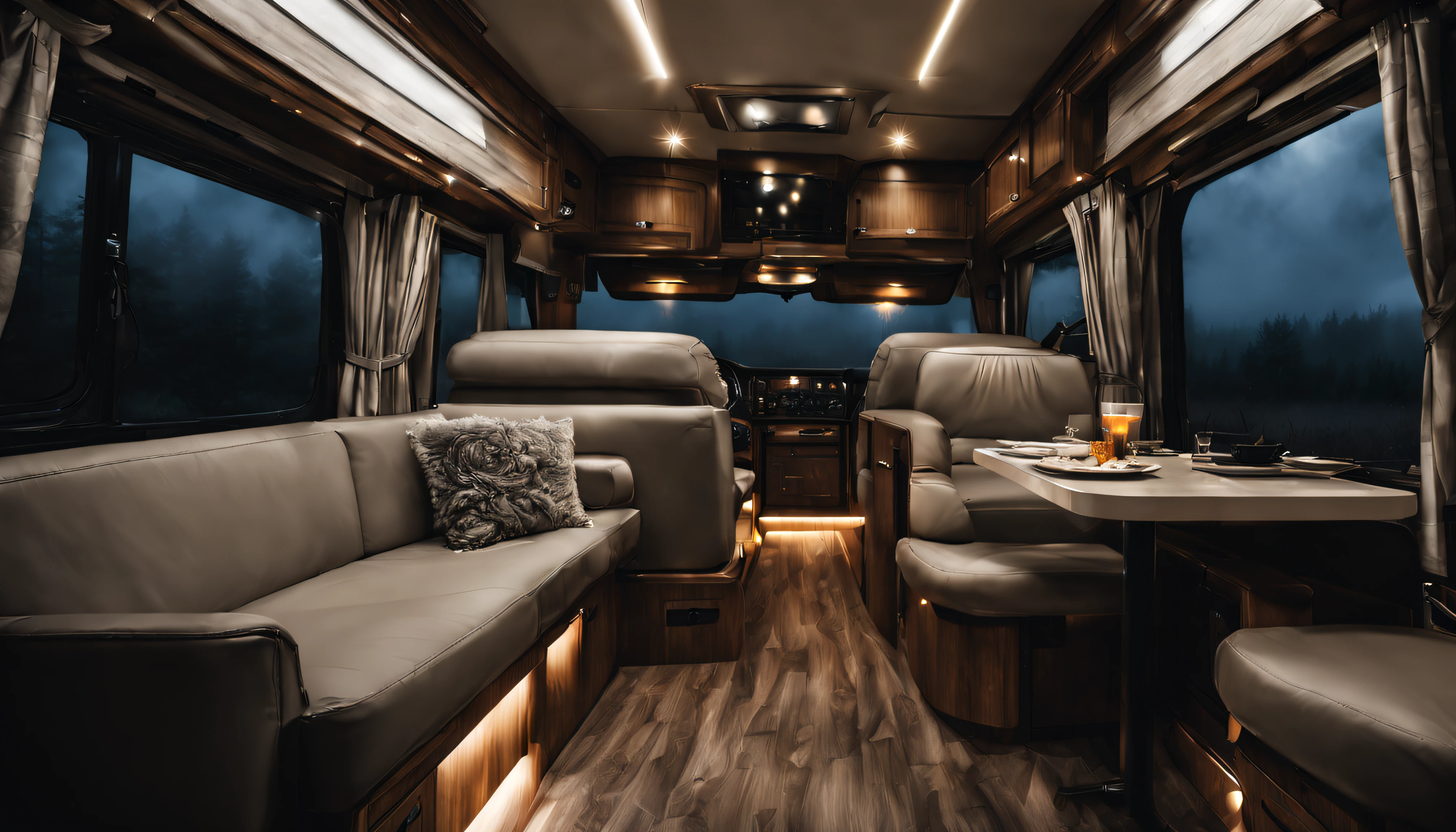 Motorhome interior at night, mistborn, ultra detalhado, cinematic movie photograph, foco nítido, studio photography, altamente detalhado, Floresta nevoenta ao ar livre