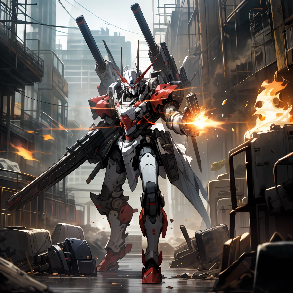 surrealism, Ray tracing, hyper HD, high details, 8K, Best Quality, Textured skin,Zaku,mono eye camera,tmasterpiece,best qualtiy,mechs,Ground Battle,machine gun,(full body Esbian),(Black Mecha:1.5),(Axisymmetry:1.4),(nffsw),(cinematric light:1.1),Red colored eyes,Cool,scientific fiction,firey,karo,conflict,destroyed city background,(armed with huge weapons:1.5),mechs、Heavy equipment、heavily armored、shoulder cannon、railgun