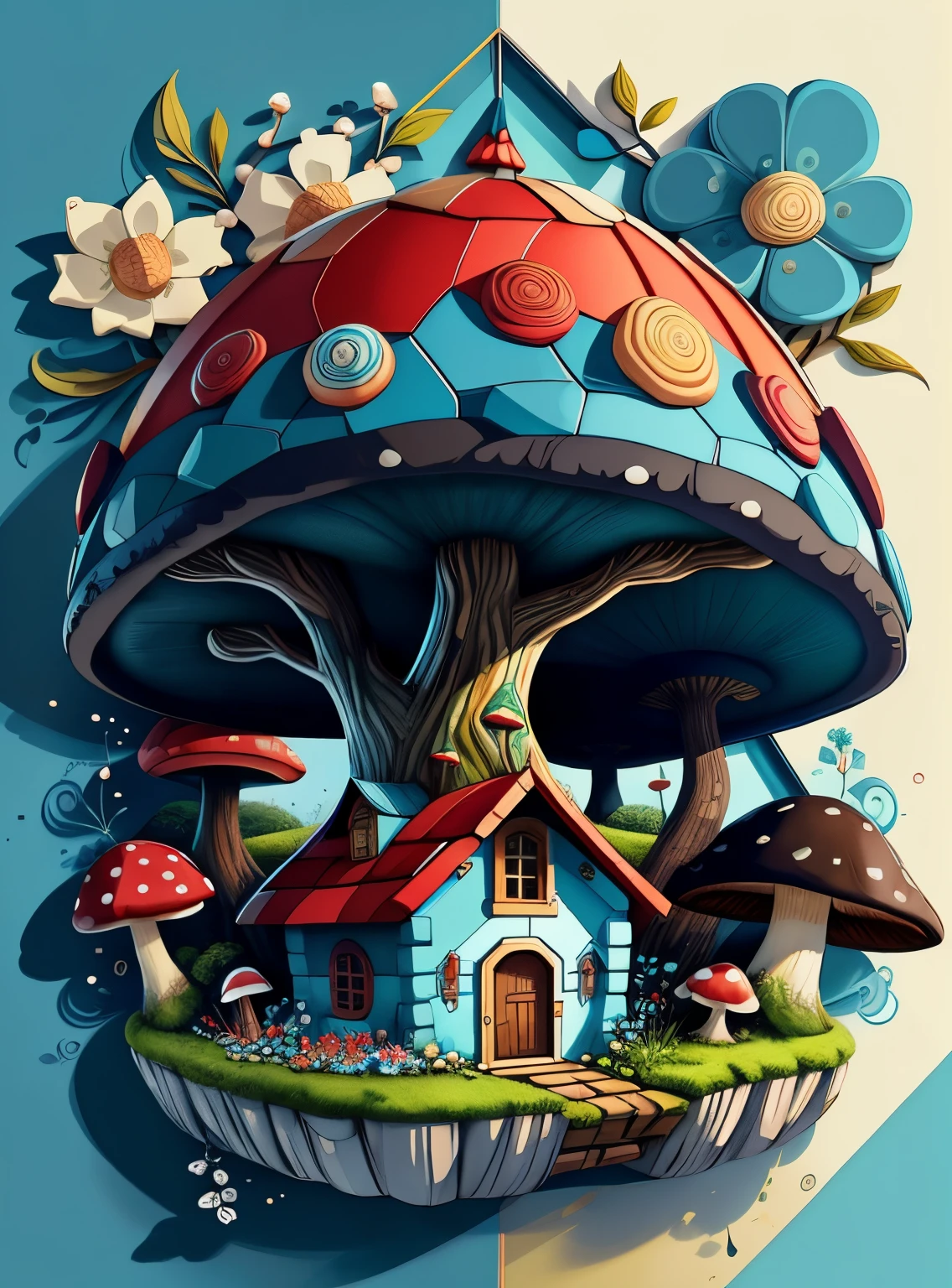(cute mushroom house with flowers) stylized identical to 1940 |)), acolchoamento ,multidimensional geometric wall PORTRAIT, arte, Chibi,
Yang016K, lindo,(( cor vermelha predominante, azul e branco))
Primary works, qualidade superior, melhor qualidade, Arte Oficial, Lindo e Estetaduardo Kobra acolchoamento ,multidimensional geometric wall PORTRAIT, arte, Chibo,detalhes