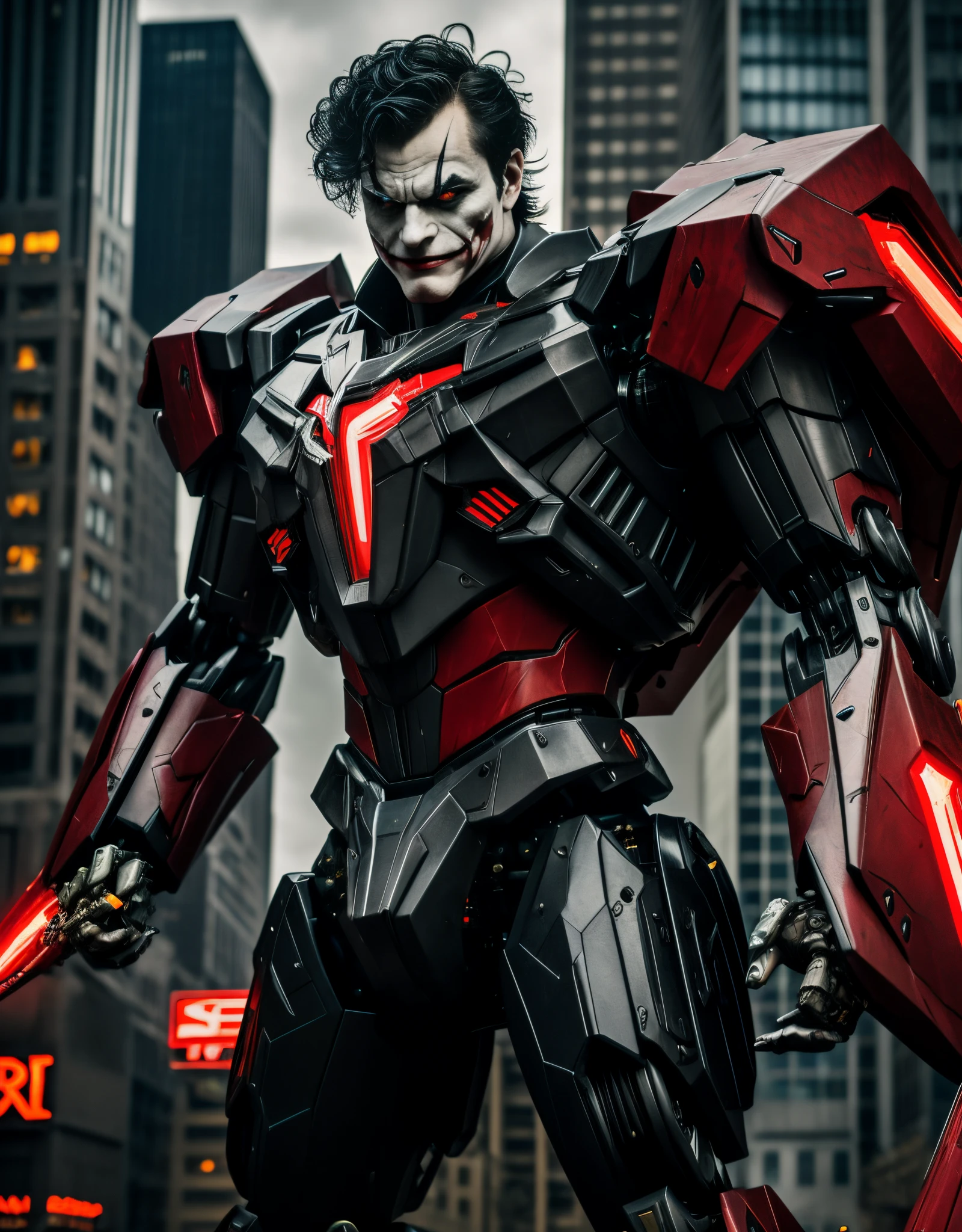 "Joker mecha, with (dinosaur hair) towering in the Gotham City environment, mechanical joints, robotic frame, armored in a menacing ensemble of red and obsidian, muscular physique in a powerful statement, as he stares intensely at the viewer, Photography, DSLR camera with a telephoto lens (50mm), --ar 16:9 --v 5