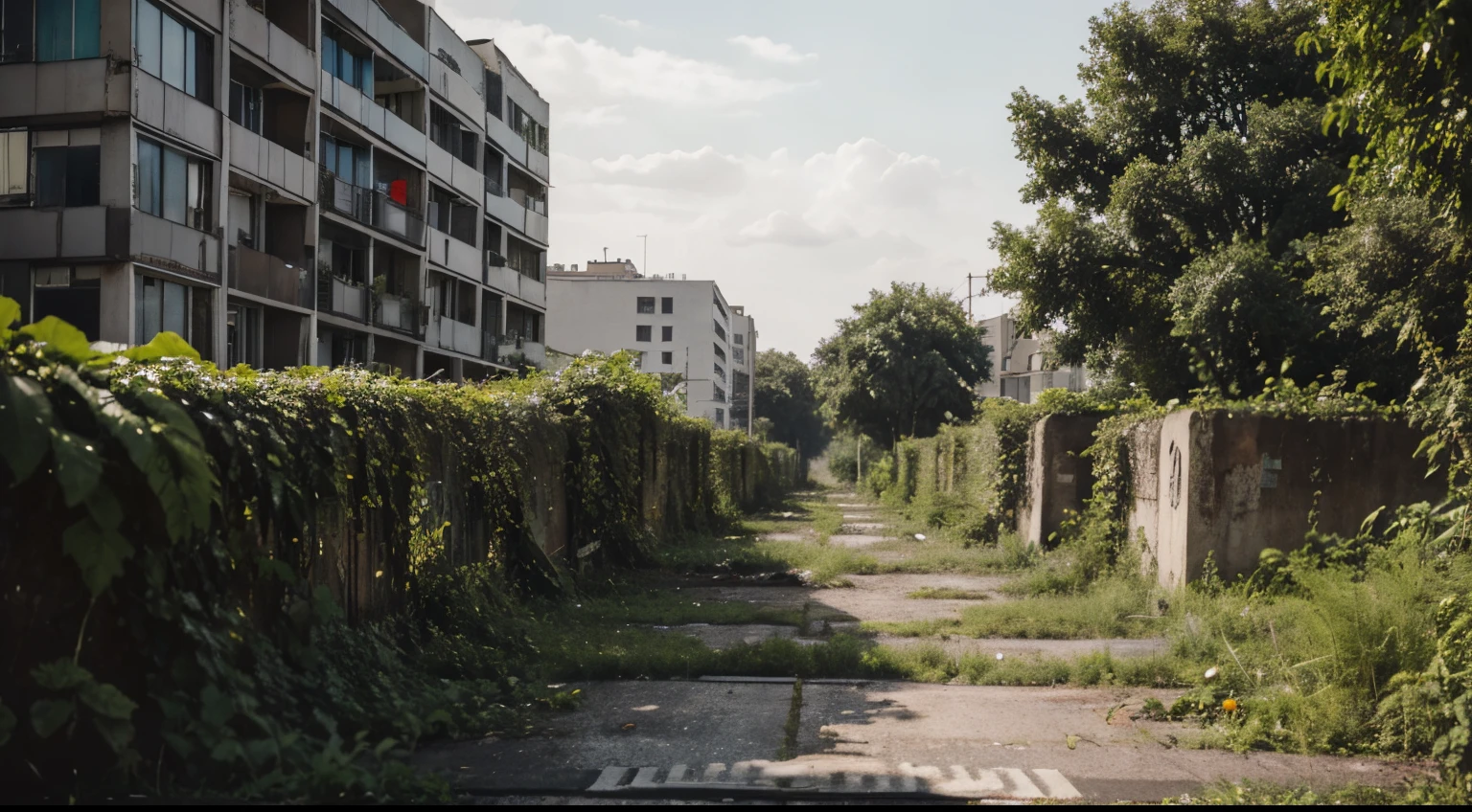 one half is a city overgrown with plants and the other side is an abandoned city, which is devastated. Im gesamten sind keine Menschen zu sehen. Der Blick ist mehr von oben auf die Stadt jedoch von einer seitlichen Perspektive.