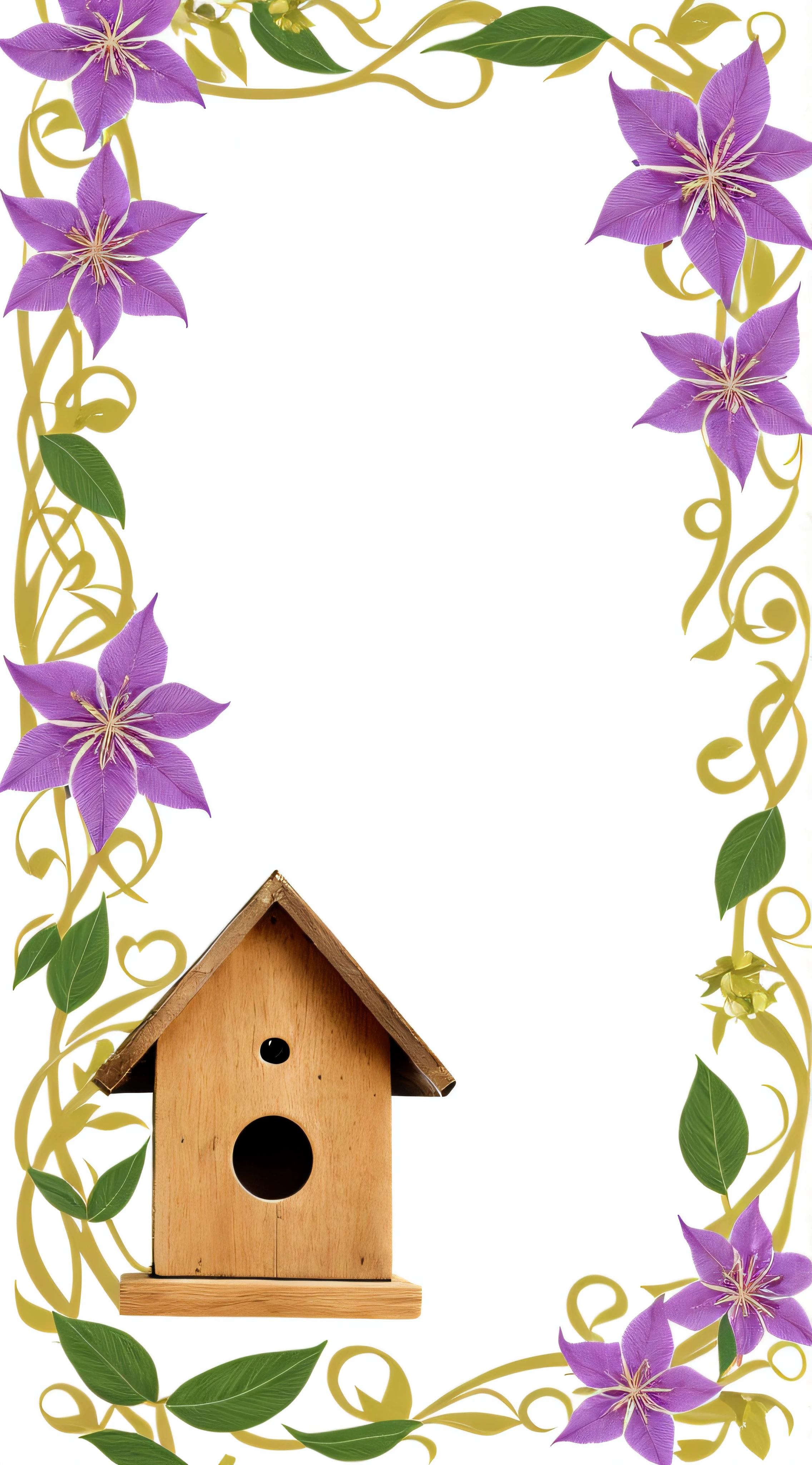 a closeup of a birdhouse with a bird on top, para caratula de A4, borde de marco blanco,  frontera, !!Beautiful!!, An illustration, borde decorativo, calligraphy border, hermoso", Beautiful illustration, Beautiful!!, clematis design, bordeu y centro de contorno blanco, intricate border designs, vignette illustration