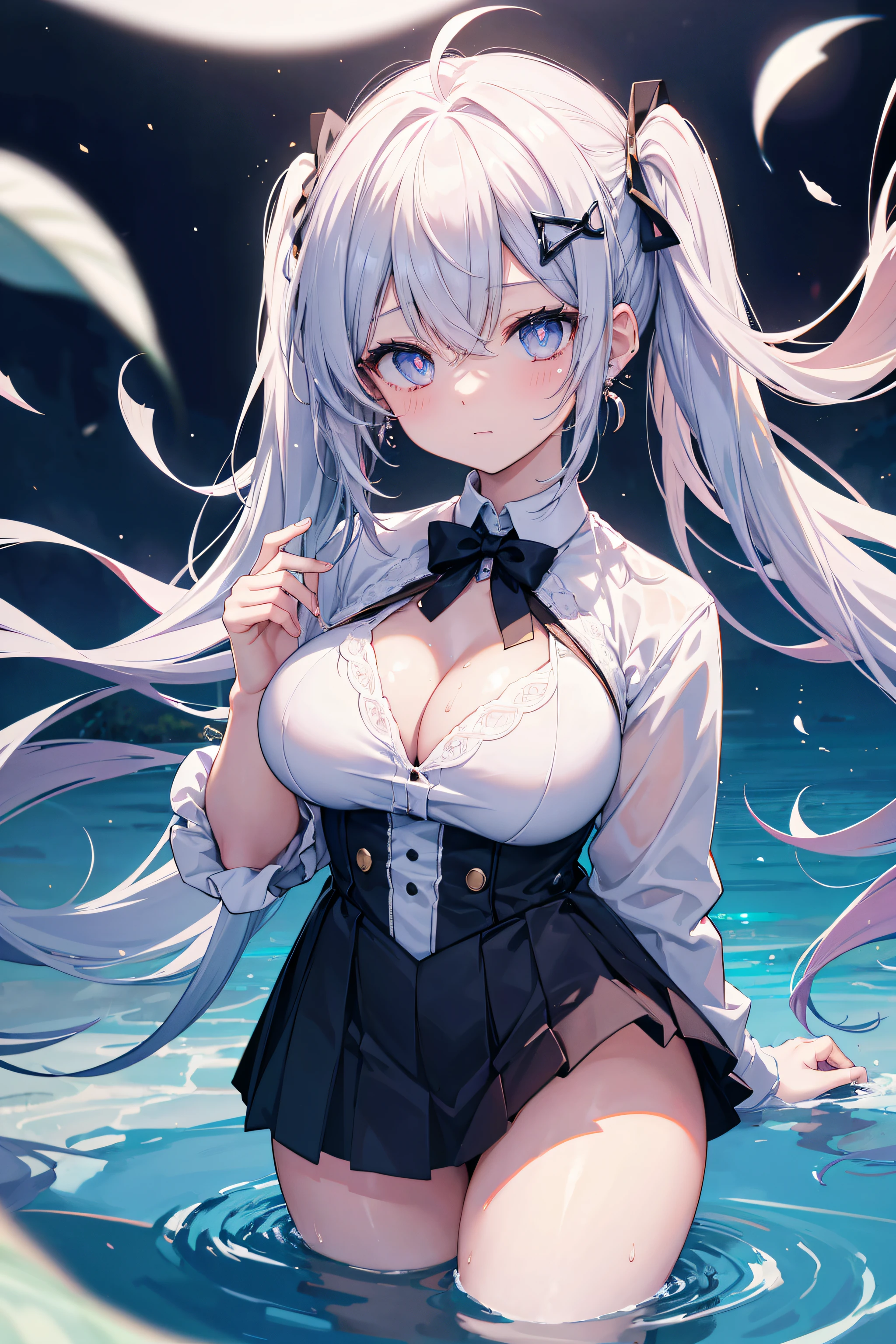 Filles, ahoge et twintail cheveux longs, detailled eyes, Featured students, prendre un bain ,grosse poitrine, clivage, student uniform, crescent earrings, flower hairpin, retour de l'école abuse de lumière parasite, aberration chromatique, High detail, Anime, romantisme, op art, profondeur de champ, Flou de mouvement, glowing light, grain du film, UHD, retina, Precise, Masterpiece, anatomiquement correct, textured skin, super detail, High Details, High quality, award winning, Best quality, high resolucion, 16k, les mains dans le dos,